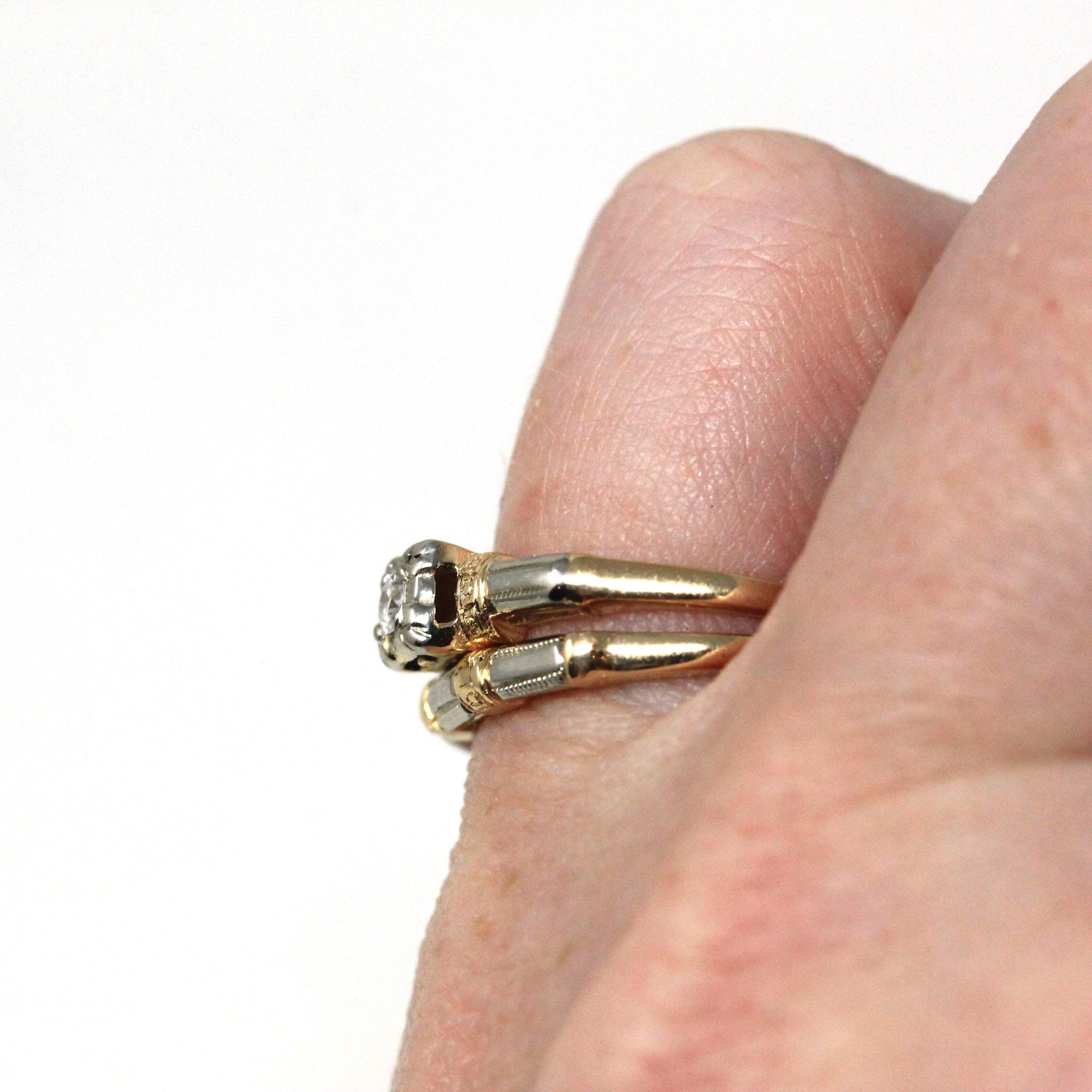 Vintage Ring Set - Retro Era 14k Yellow & White Gold Two Tone Natural Diamond - Circa 1940s Size 6 Bridal Engagement Wedding Fine Jewelry