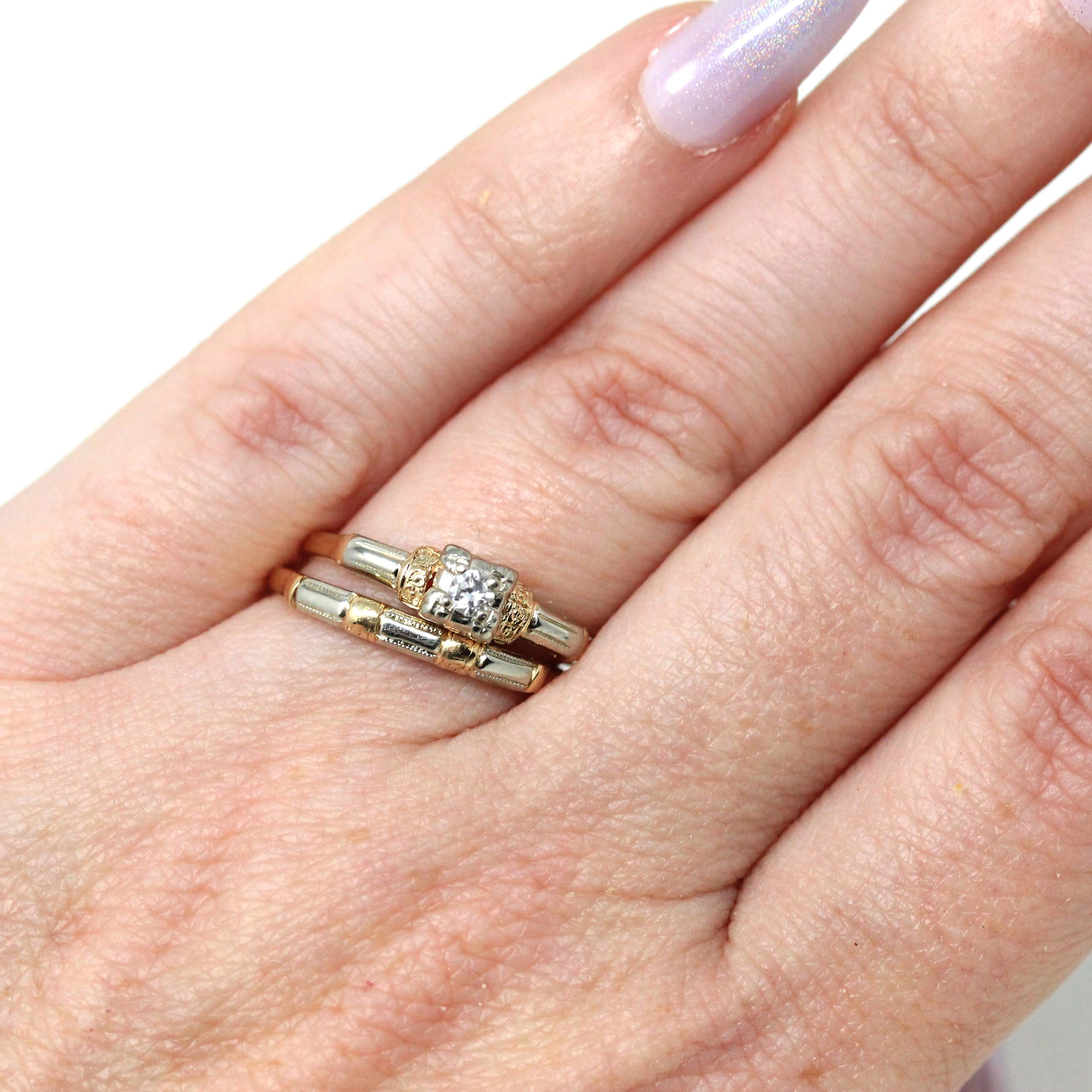 Vintage Ring Set - Retro Era 14k Yellow & White Gold Two Tone Natural Diamond - Circa 1940s Size 6 Bridal Engagement Wedding Fine Jewelry