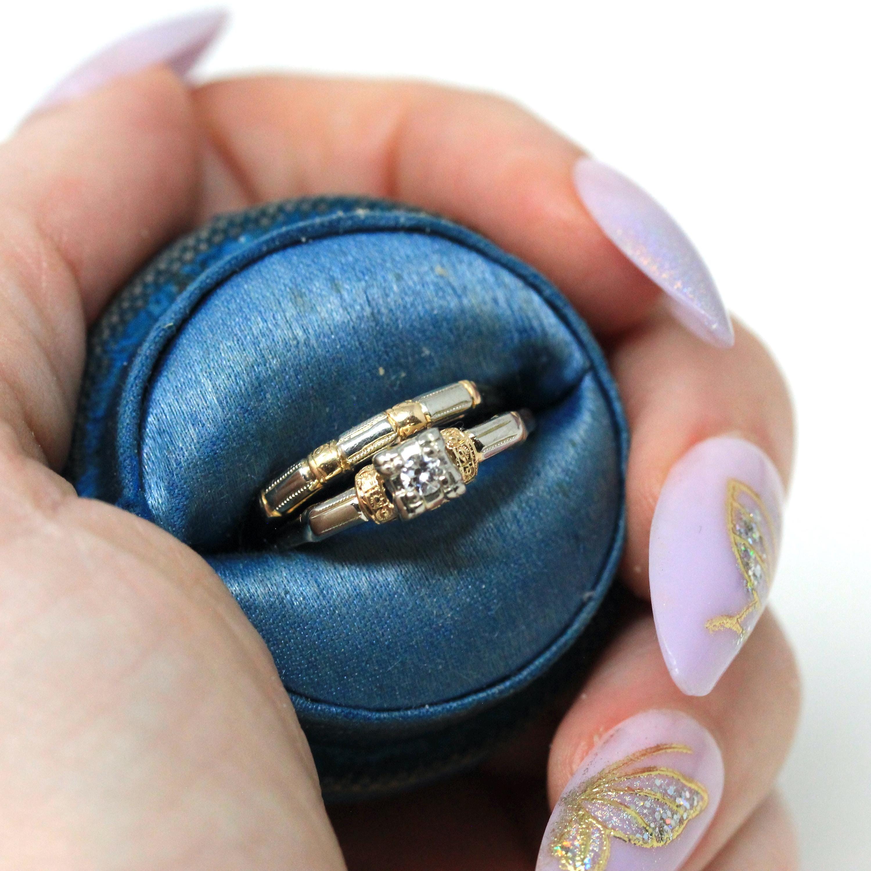 Vintage Ring Set - Retro Era 14k Yellow & White Gold Two Tone Natural Diamond - Circa 1940s Size 6 Bridal Engagement Wedding Fine Jewelry