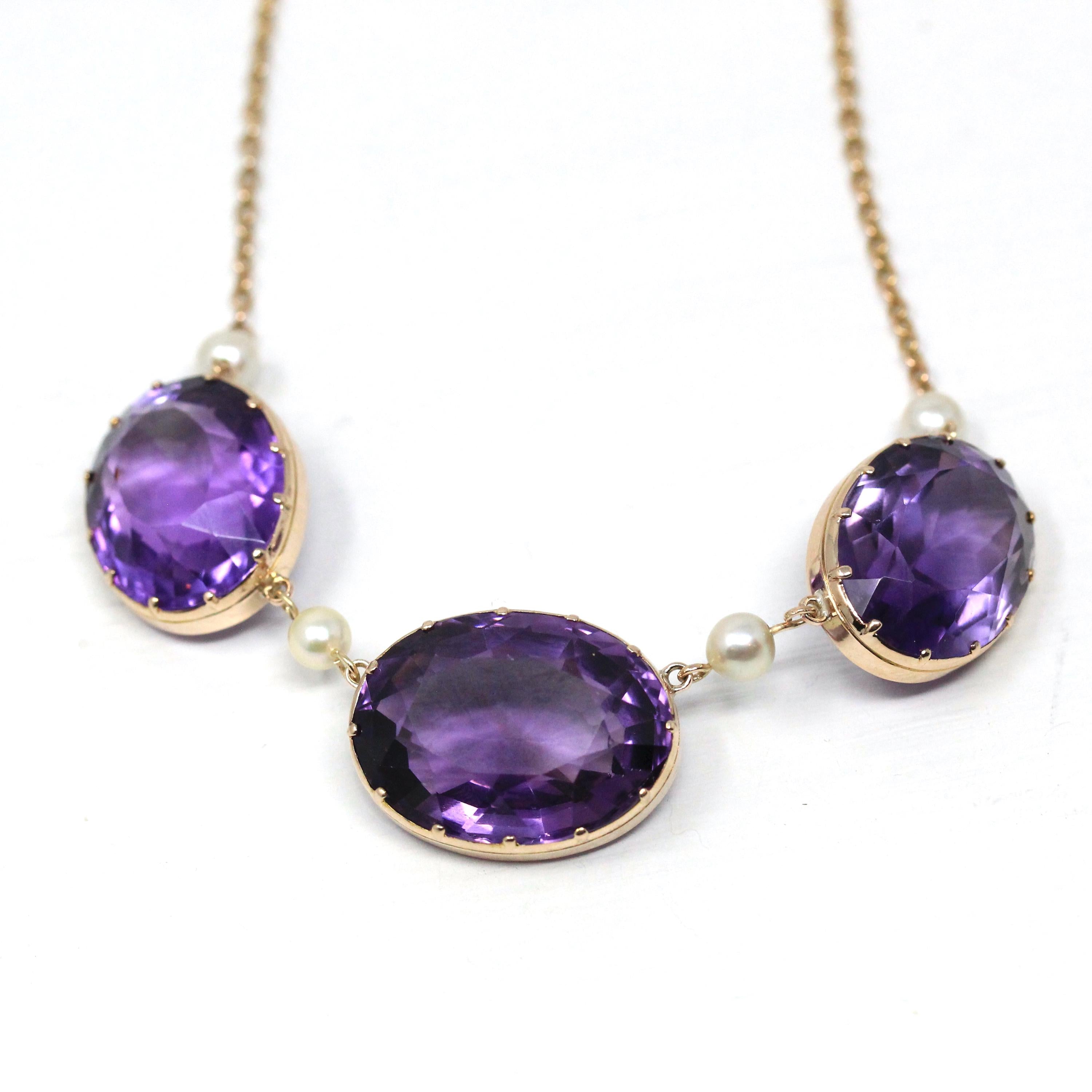 Antique Amethyst Necklace - Vintage 9k Rose Gold Natural Faceted Purple Gemstone Cultured Pearl Necklace - Victorian Era 1890s Fine Jewelry