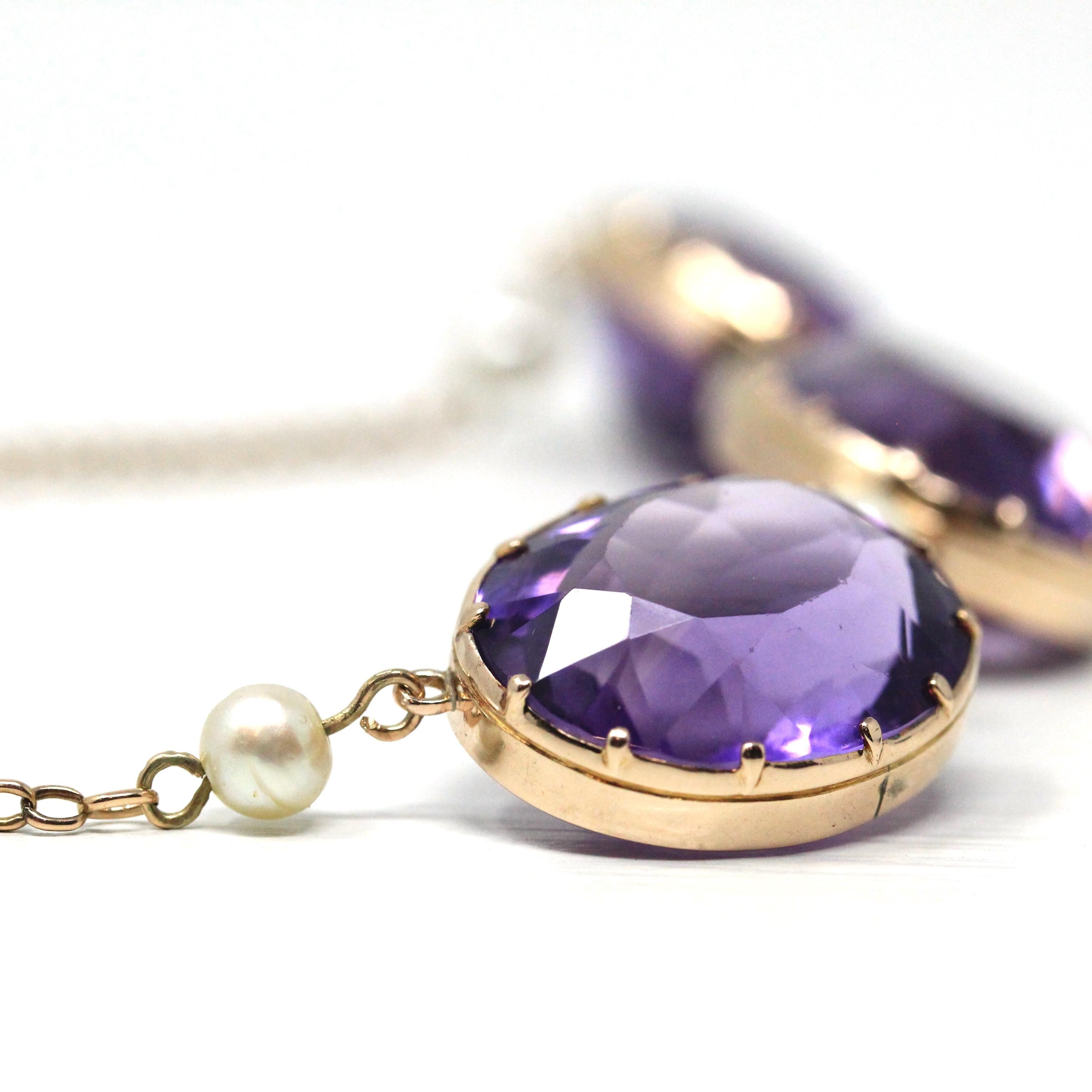 Antique Amethyst Necklace - Vintage 9k Rose Gold Natural Faceted Purple Gemstone Cultured Pearl Necklace - Victorian Era 1890s Fine Jewelry