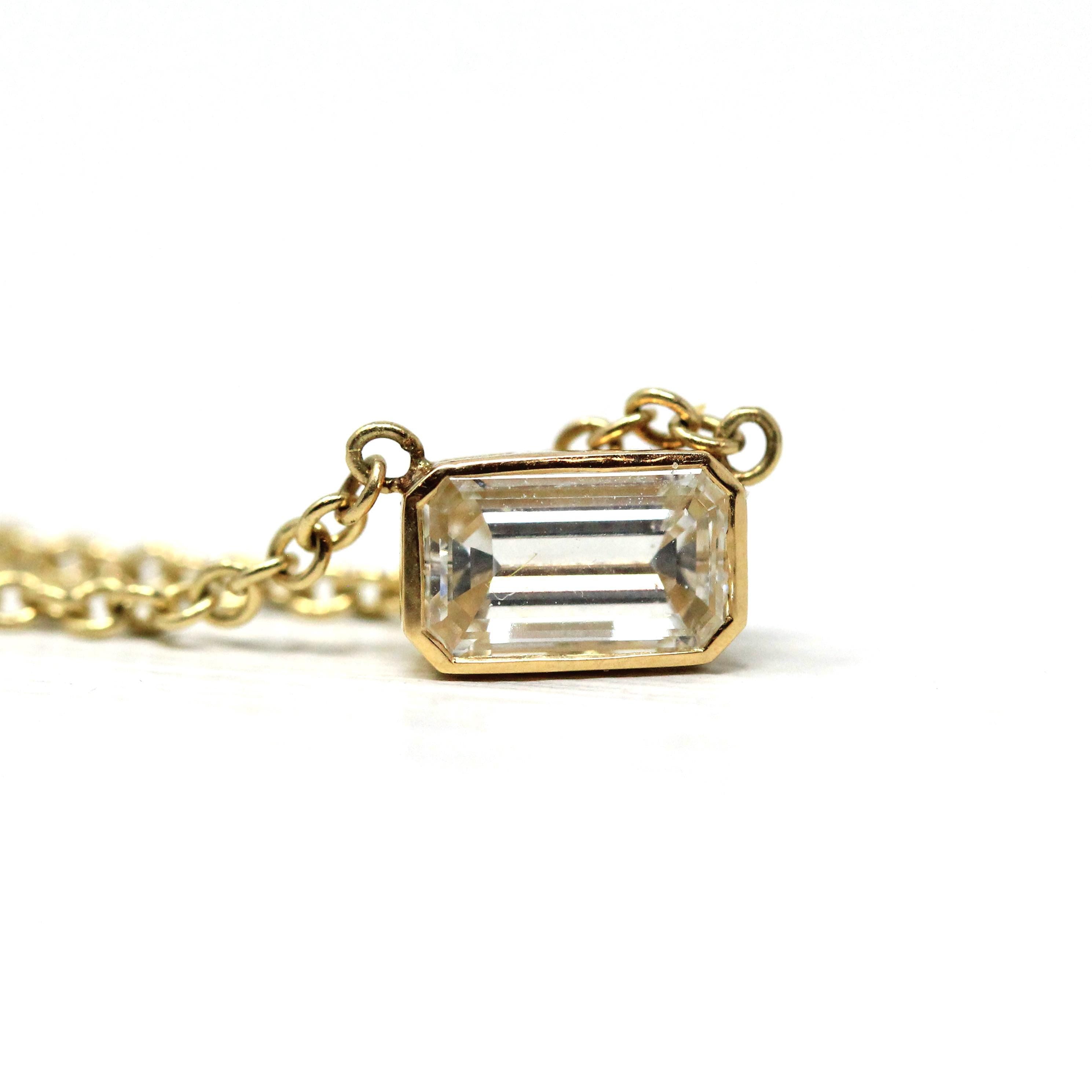 Emerald Cut Diamond Necklace - Modern 18k Yellow Gold Bezel Set Natural Genuine East West Station Pendant - Contemporary Charm Fine Jewelry