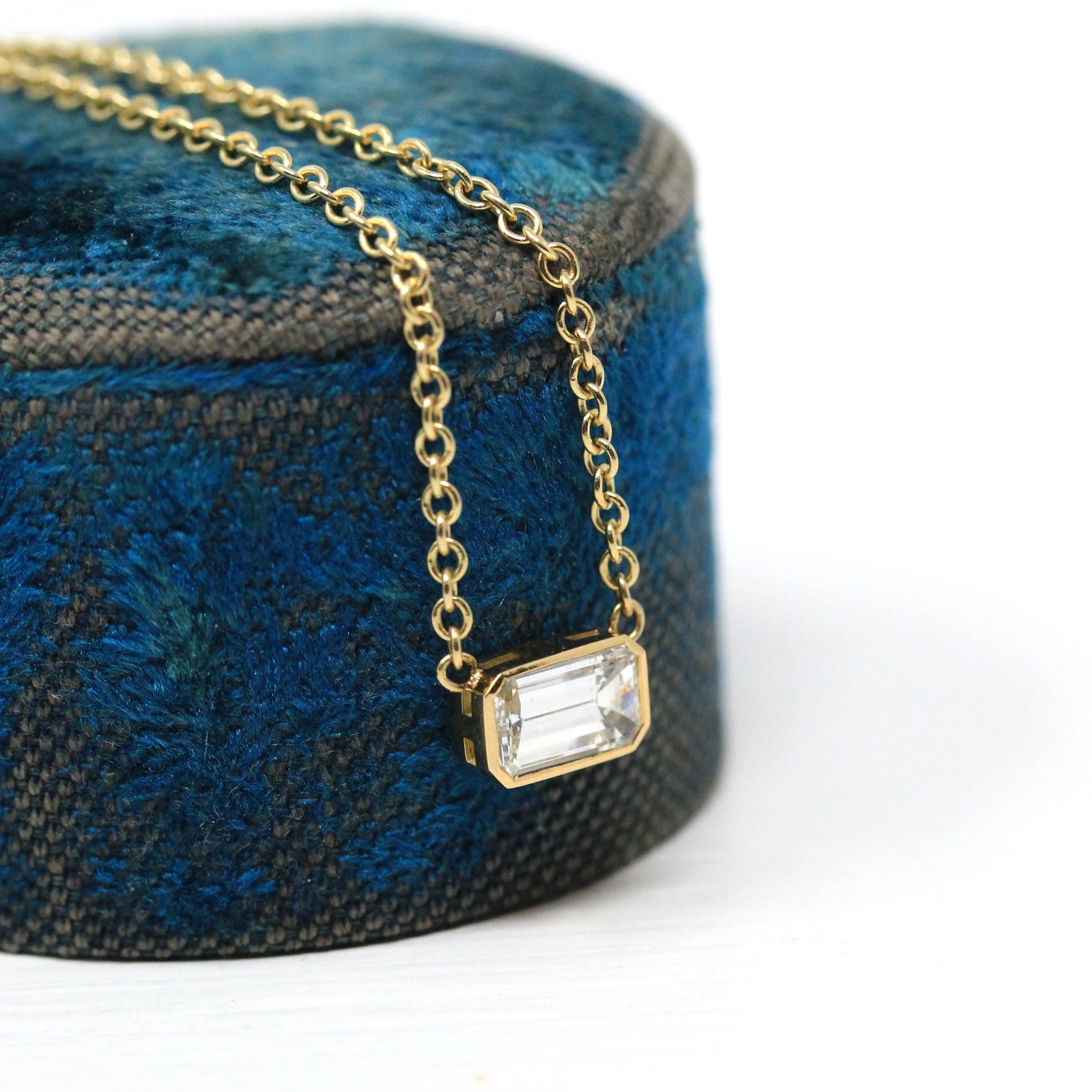 Emerald Cut Diamond Necklace - Modern 18k Yellow Gold Bezel Set Natural Genuine East West Station Pendant - Contemporary Charm Fine Jewelry