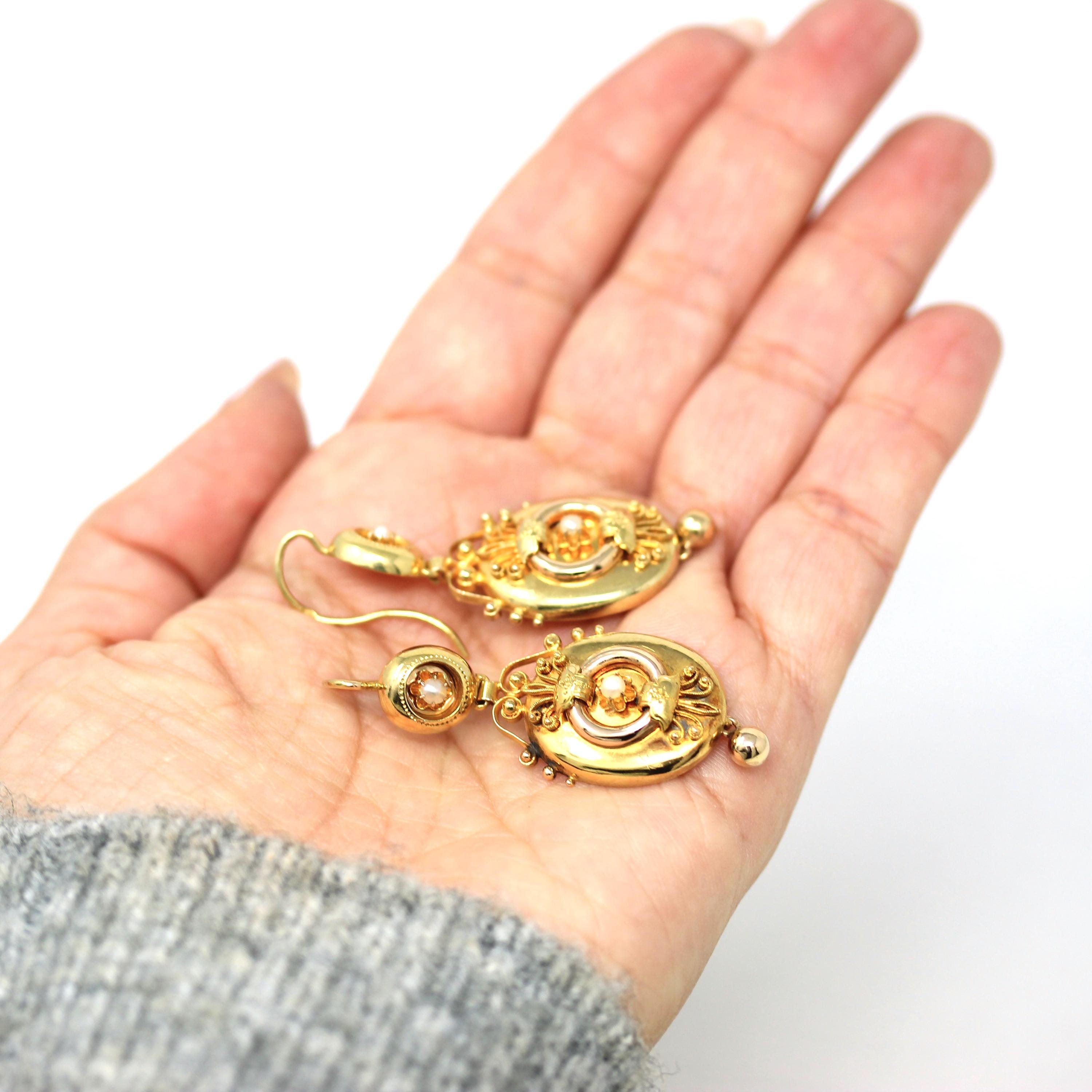 Victorian Etruscan Earrings - Antique 14k Yellow Gold Dangle Cultured Pearls - Vintage 1870s Ornate Revival Fine Bridal Wedding Jewelry