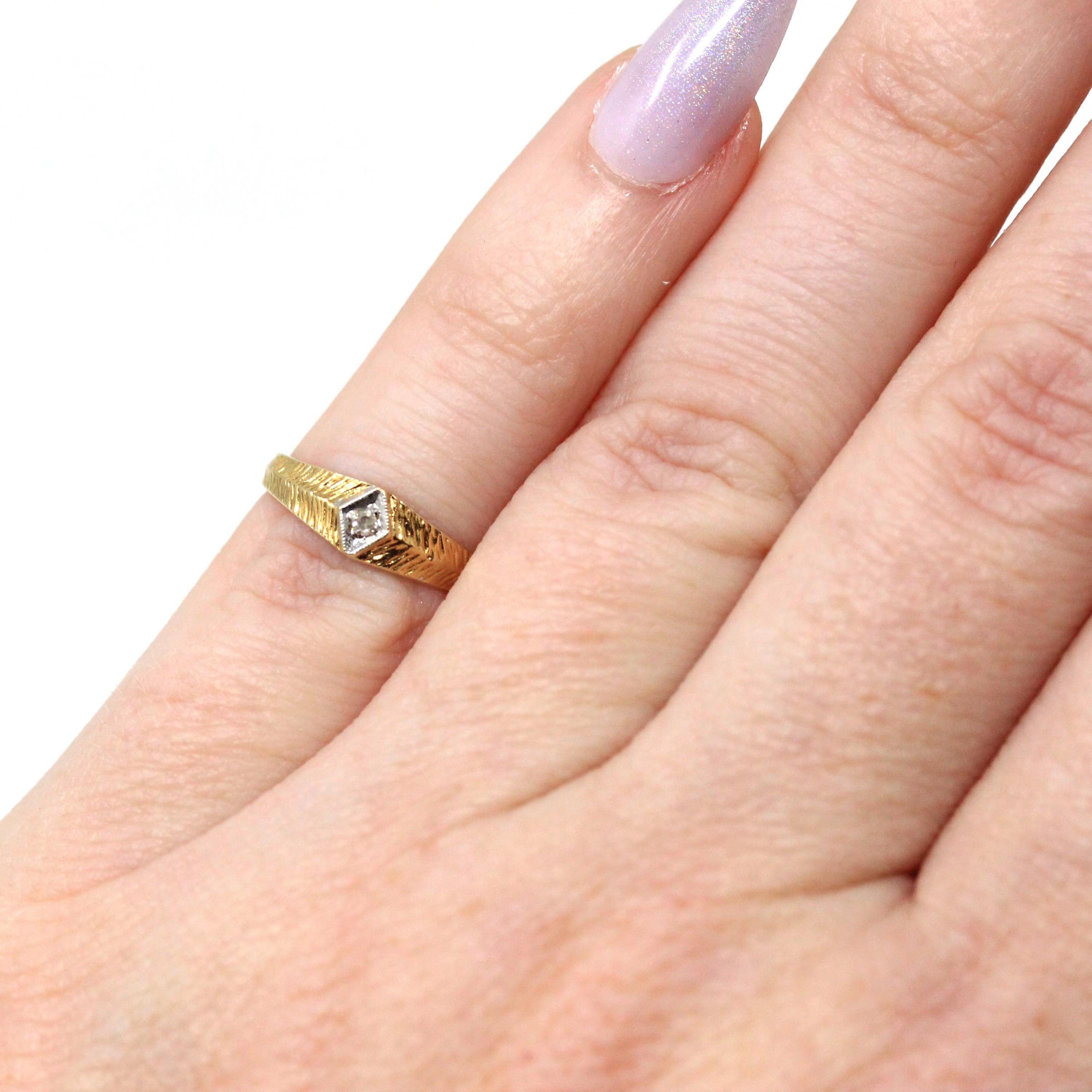 Diamond Pinky Ring - Retro 14k Yellow & White Gold Midi Baby Band Round Clear Gem - Vintage 1970s Era Size 1 3/4 April Birthstone Jewelry
