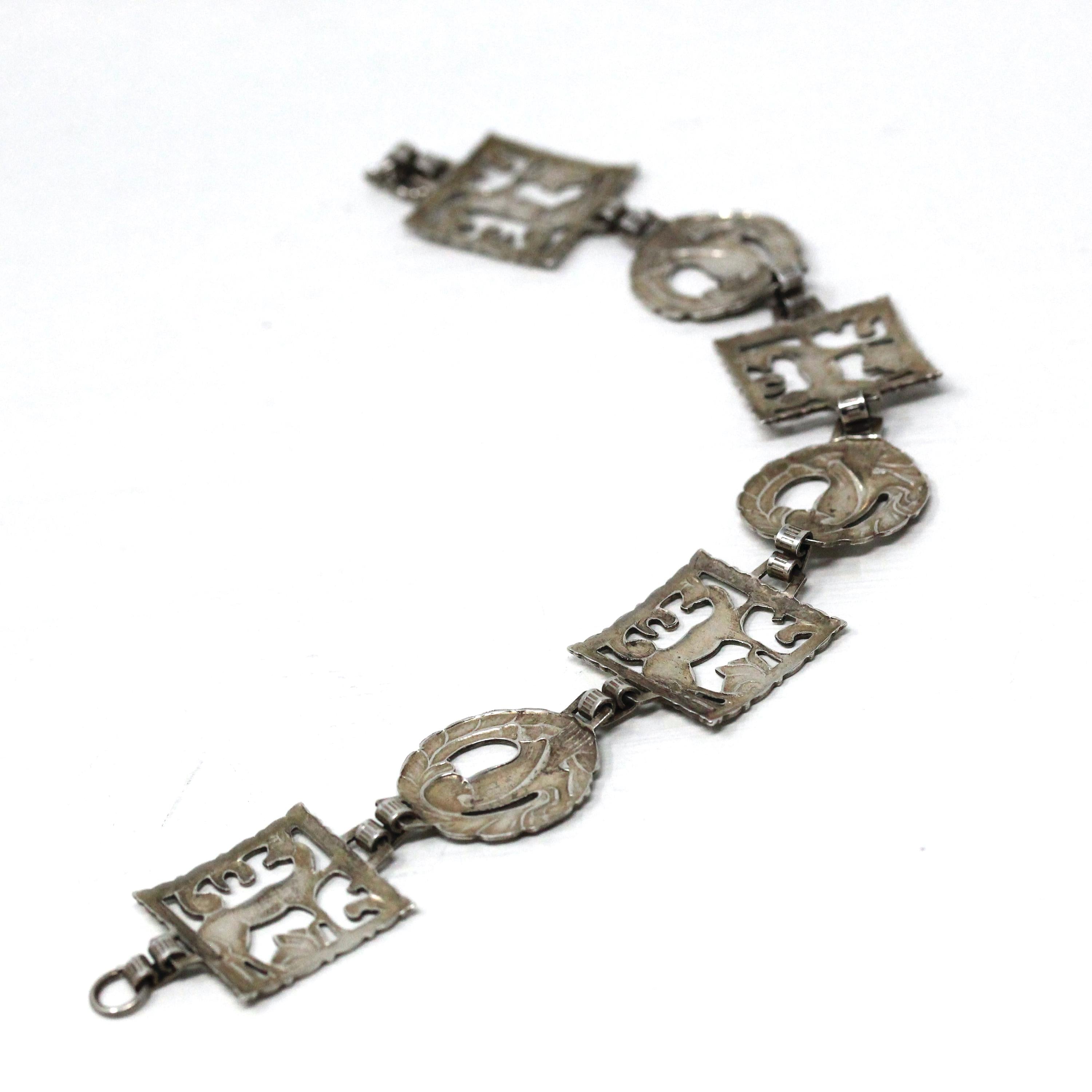 Retro Animal Bracelet - Vintage Sterling Silver Dove & Deer Fashion Accessory - Circa 1940s Era Wildlife Statement Jewelry