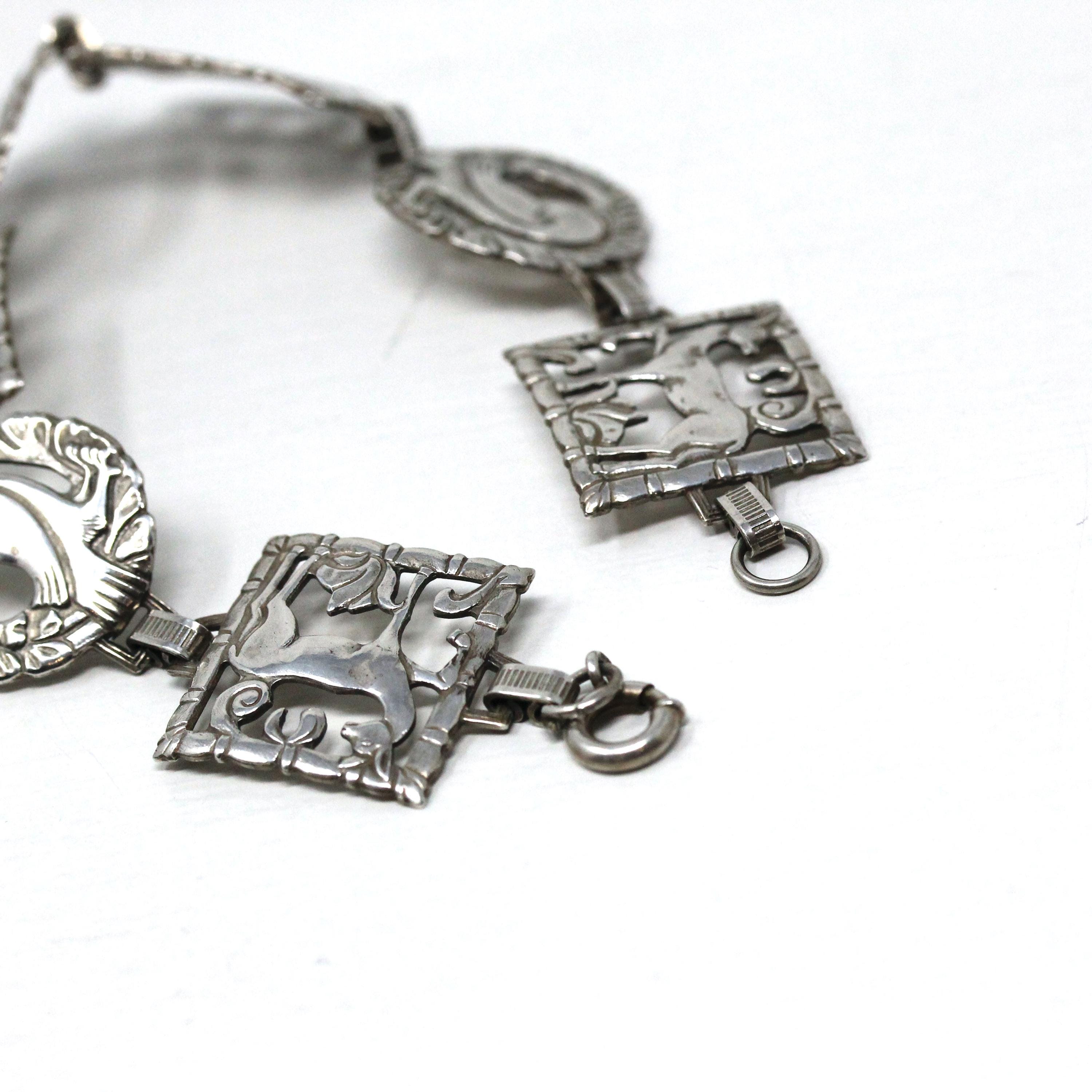 Retro Animal Bracelet - Vintage Sterling Silver Dove & Deer Fashion Accessory - Circa 1940s Era Wildlife Statement Jewelry