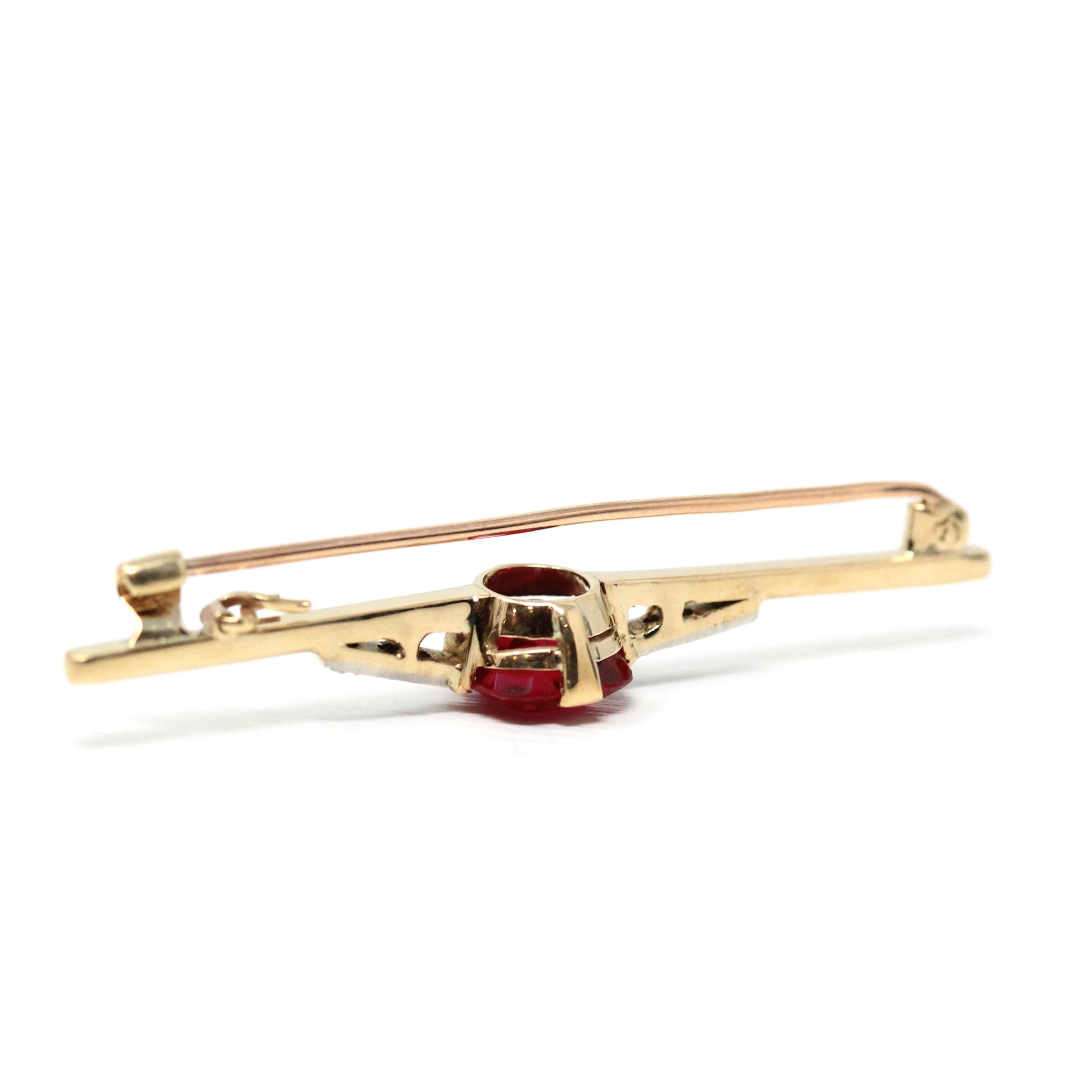 Created Ruby Brooch - Art Deco 10k Yellow & White Two Tone Gold Red Stone And Diamond Pin - Vintage 1930s Era Fine Statement Accessory