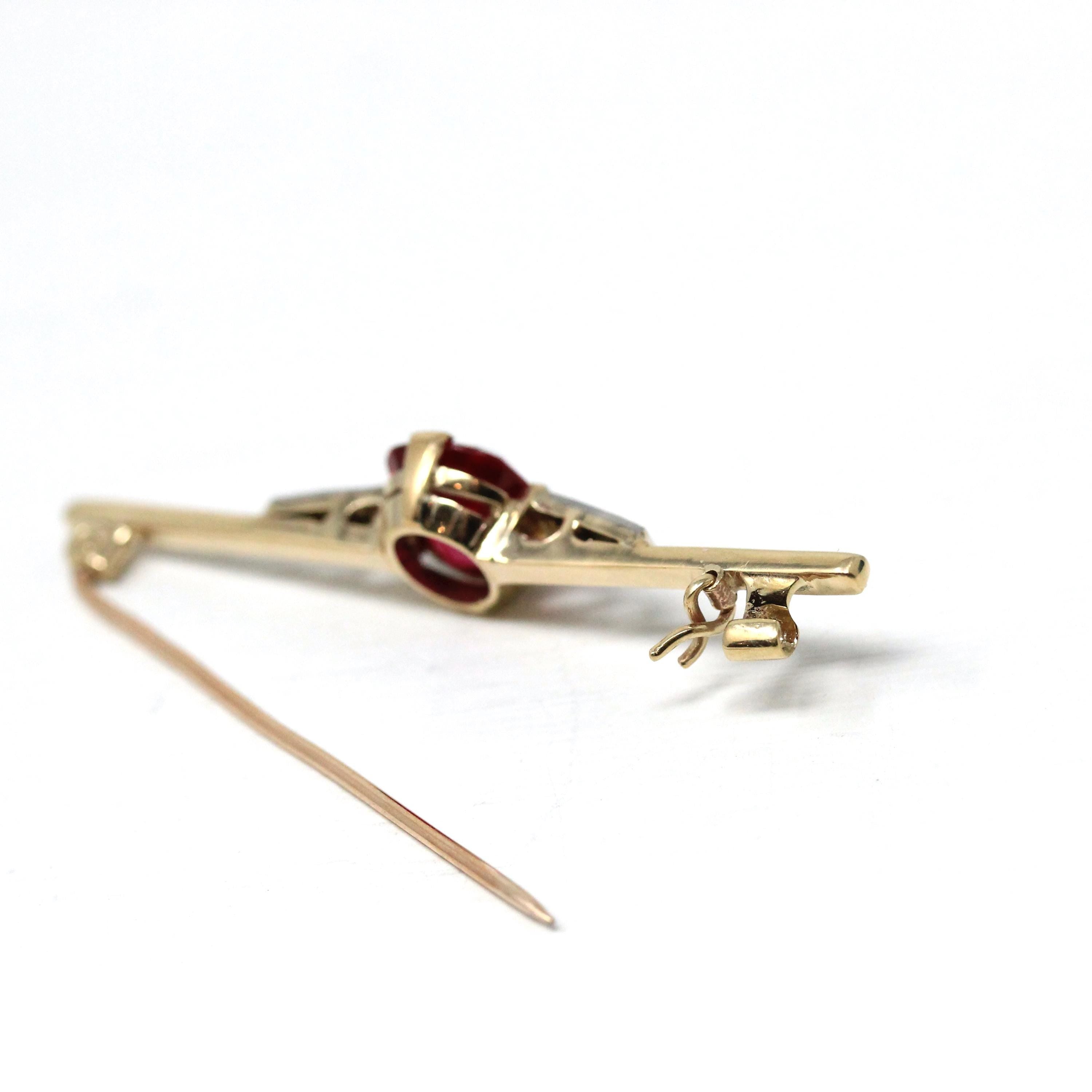 Created Ruby Brooch - Art Deco 10k Yellow & White Two Tone Gold Red Stone And Diamond Pin - Vintage 1930s Era Fine Statement Accessory