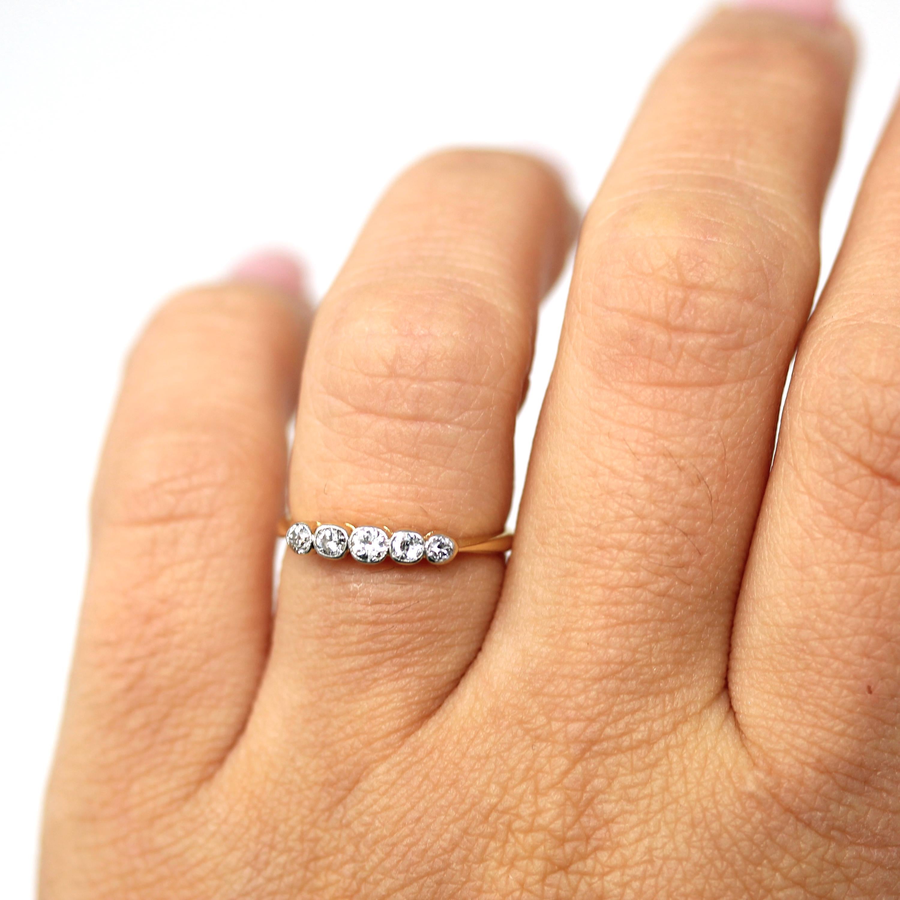 Edwardian Diamond Band - Antique 18k Yellow Gold Platinum .21 CTW Natural Gemstone Wedding Ring - Circa 1910s English Fine Stacking Jewelry