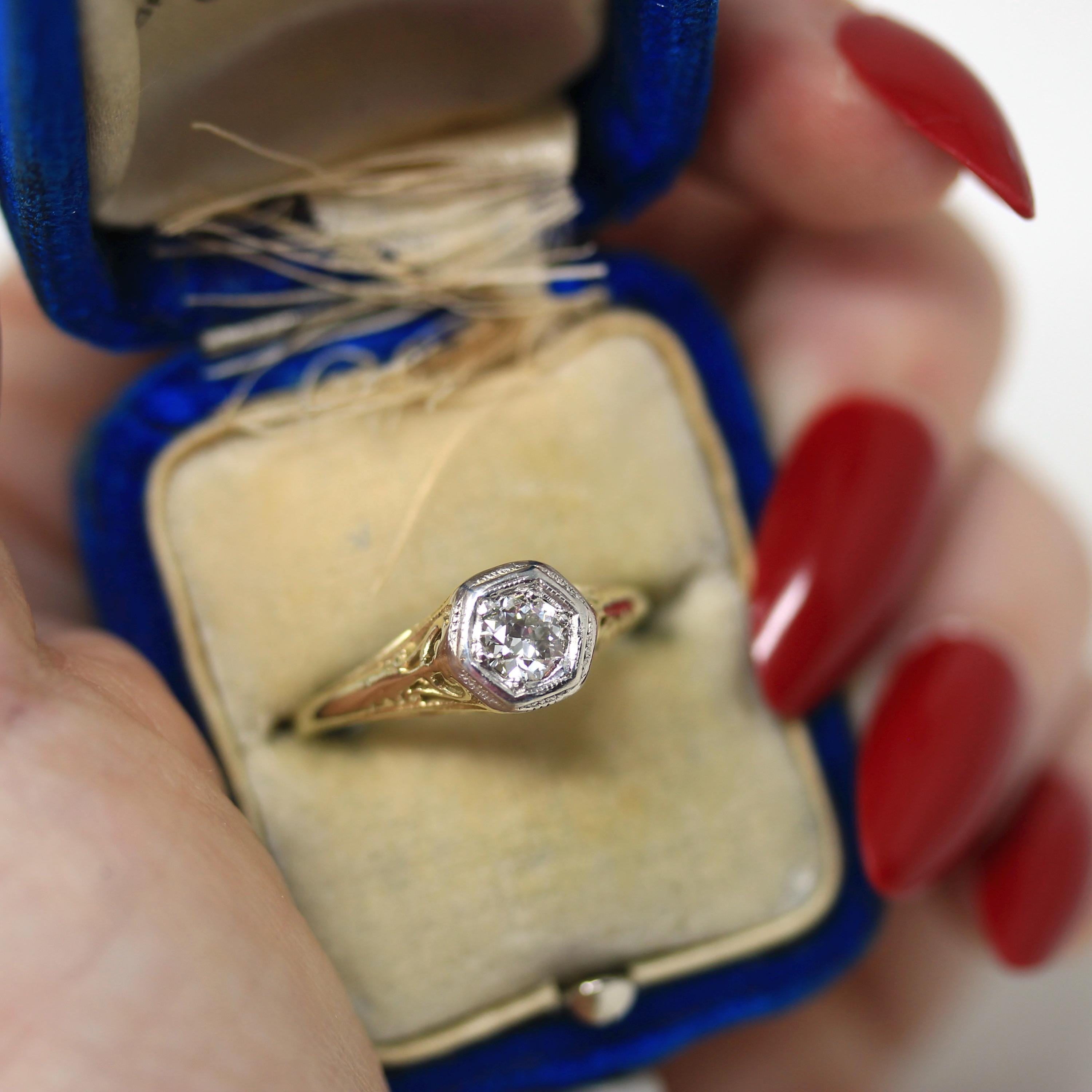 Art Deco Diamond Ring - Vintage 18k & Platinum Two Tone Natural Old European Cut Gem - Circa 1930s Size 6 Engagement Fine Filigree Jewelry