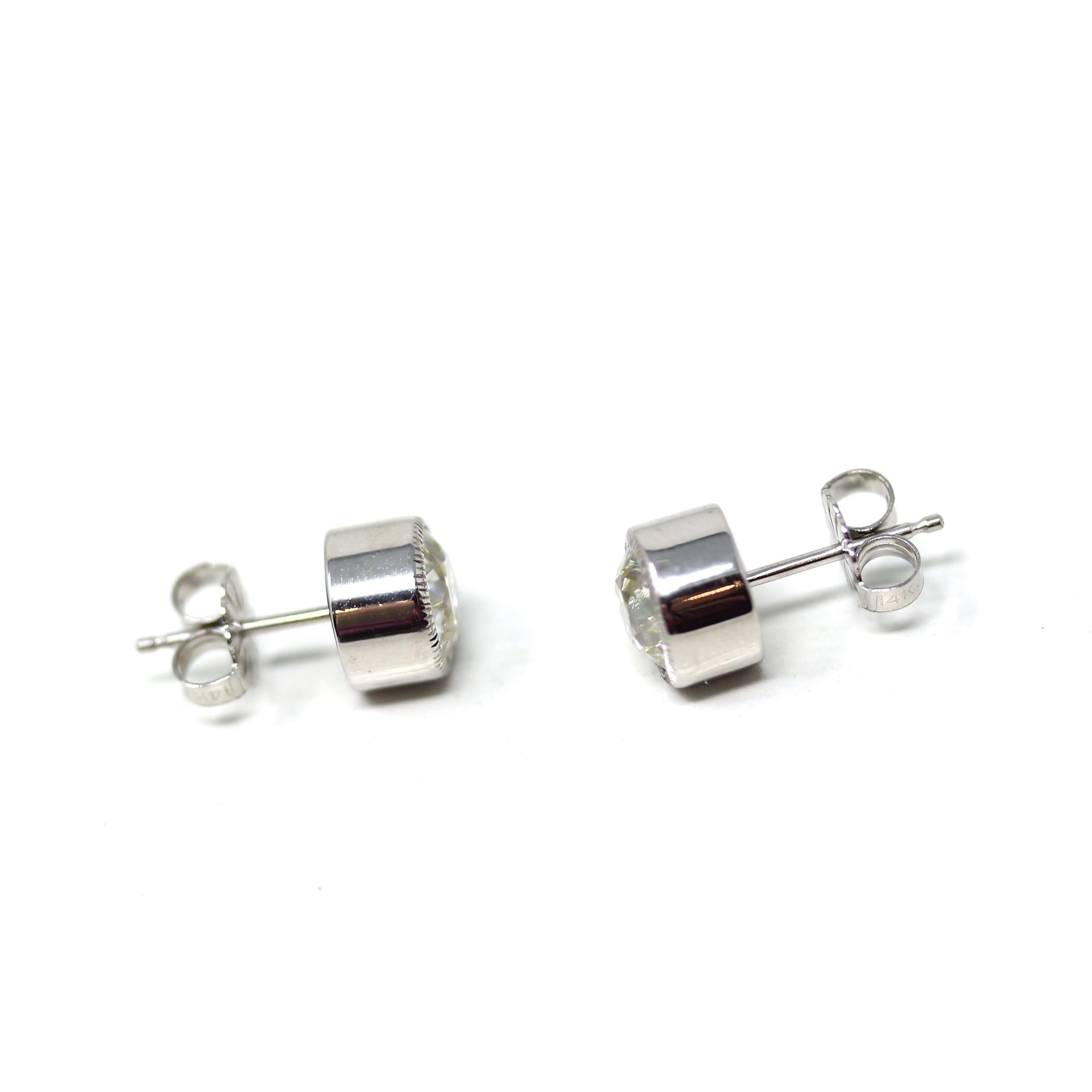 Antique Diamond Earrings - Custom 14k White Gold 2.03 CTW M Color VS2 Clarity Natural Old European Cuts - Bezel Stud Fine Diamond Jewelry