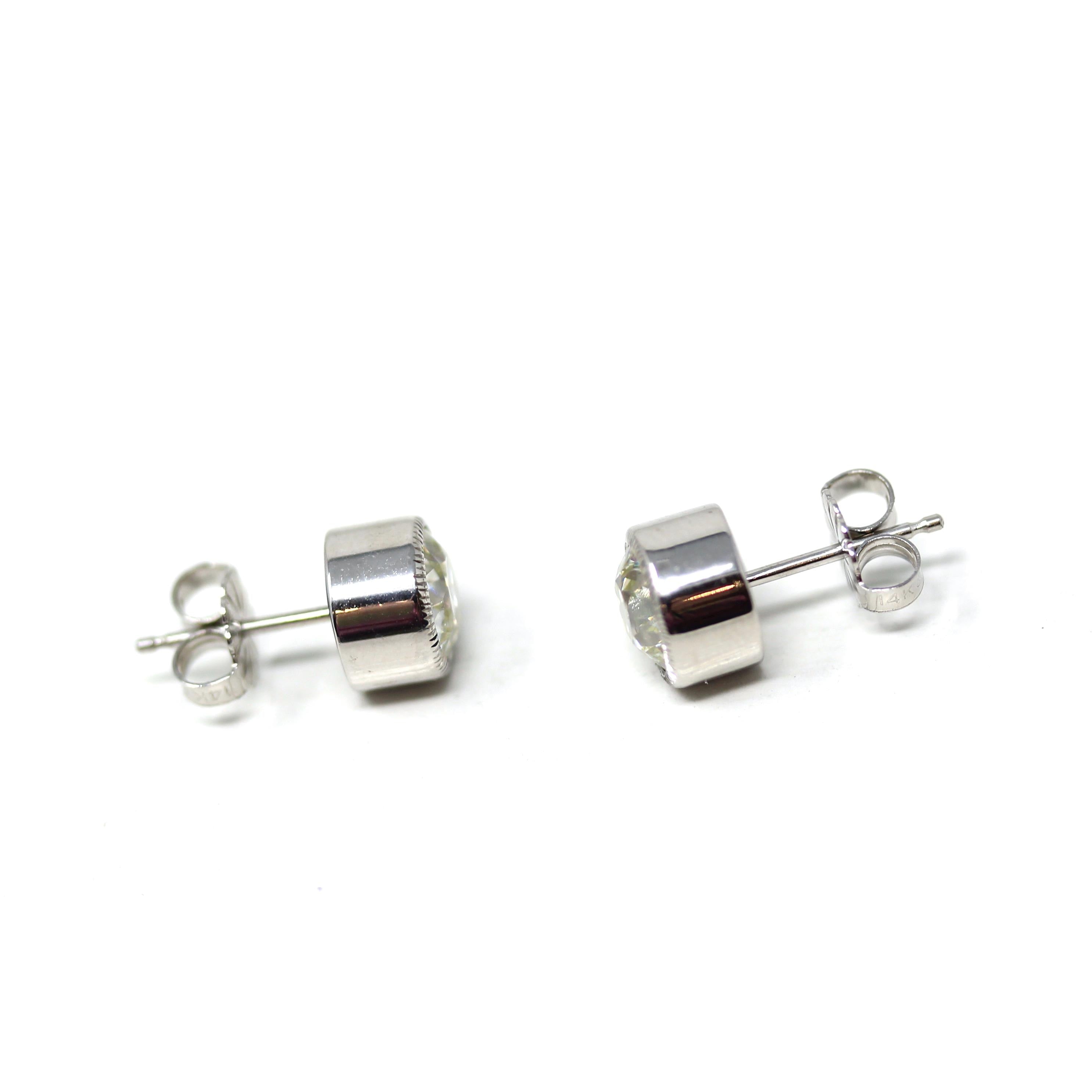 Antique Diamond Earrings - Custom 14k White Gold 2.03 CTW M Color VS2 Clarity Natural Old European Cuts - Bezel Stud Fine Diamond Jewelry