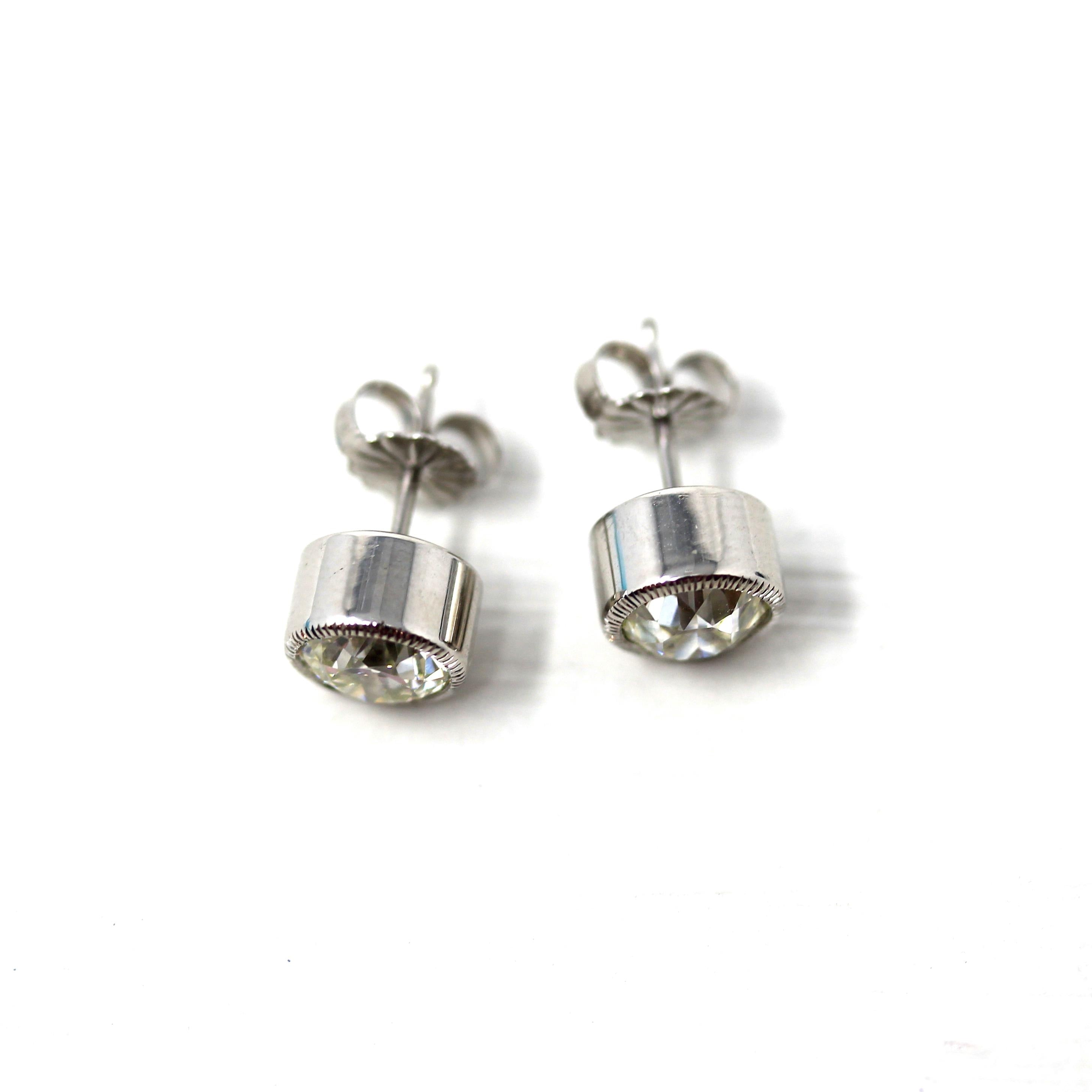 Antique Diamond Earrings - Custom 14k White Gold 2.03 CTW M Color VS2 Clarity Natural Old European Cuts - Bezel Stud Fine Diamond Jewelry
