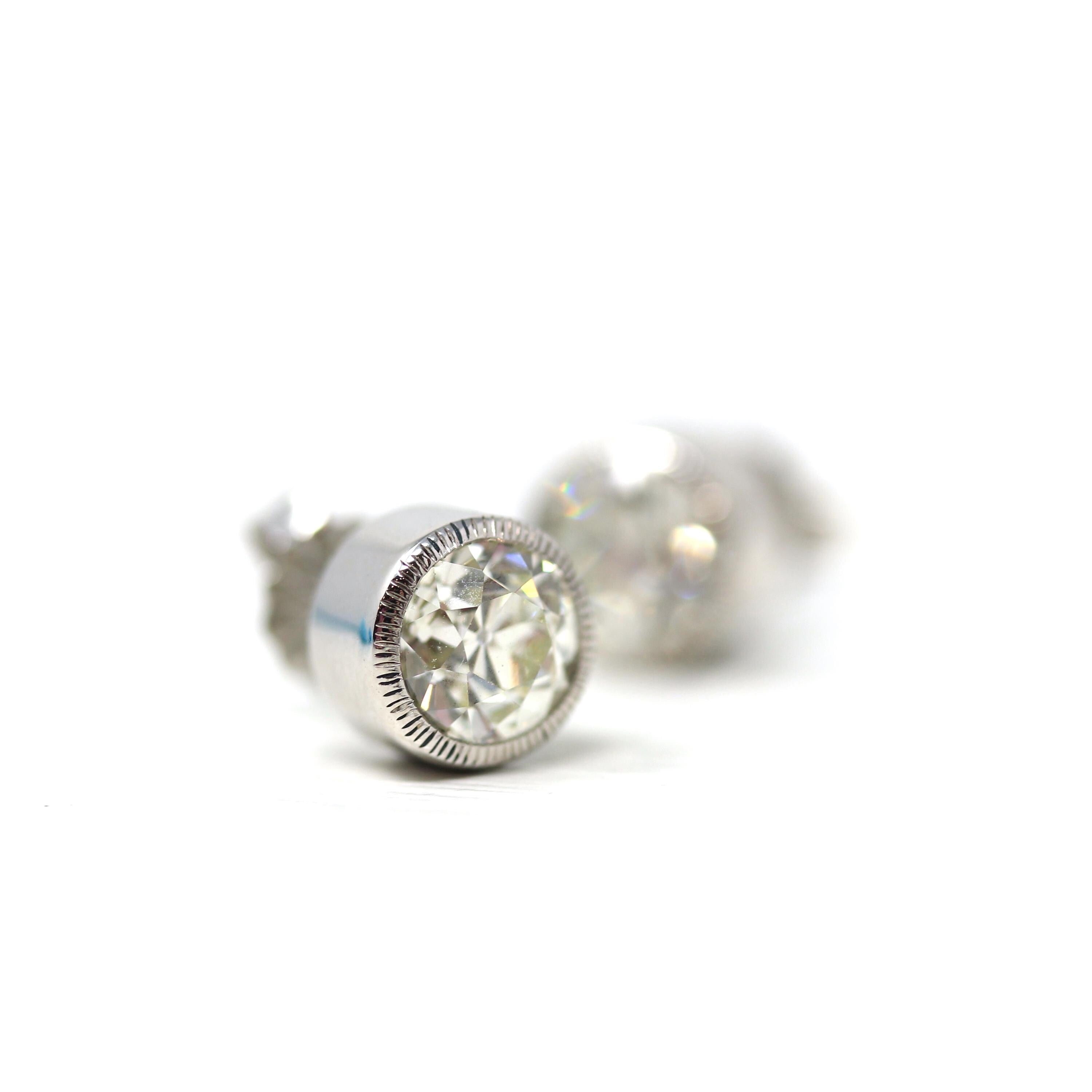 Antique Diamond Earrings - Custom 14k White Gold 2.03 CTW M Color VS2 Clarity Natural Old European Cuts - Bezel Stud Fine Diamond Jewelry
