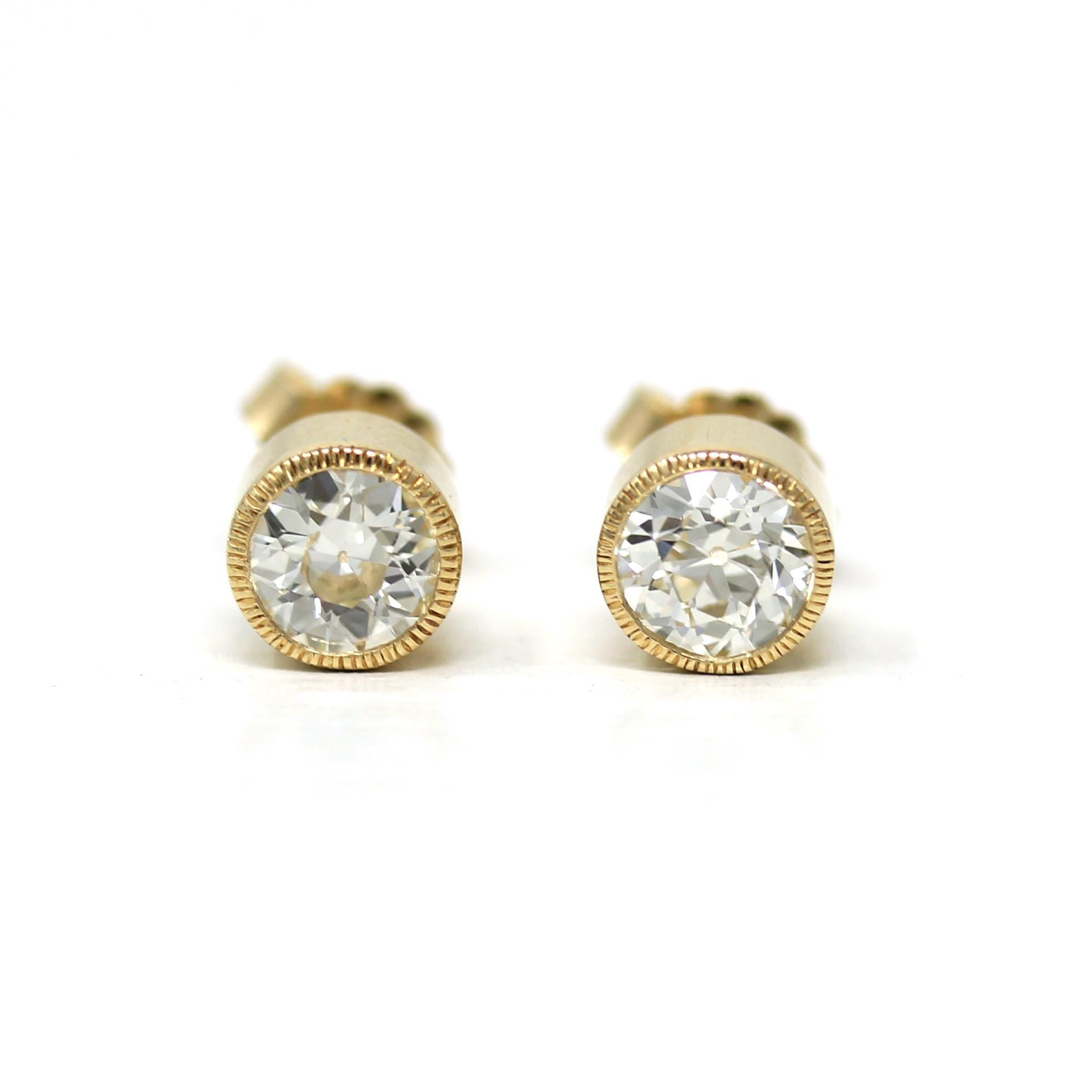 Antique Diamond Earrings - Custom 14k Yellow Gold 1.18 CTW L Color VS1 Clarity Natural Old European Cuts - Bezel Stud Fine Diamond Jewelry