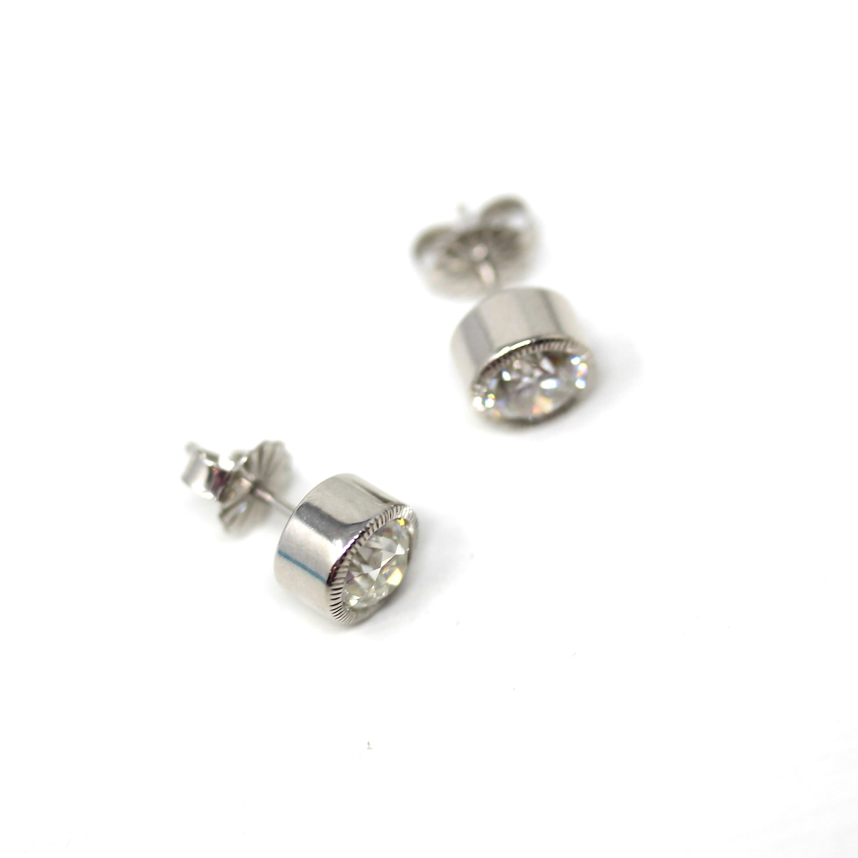 Antique Diamond Earrings - Custom 14k White Gold 1.54 CTW K/L Color VS1/VS2 Clarity Natural Old European Cuts - Bezel Stud Fine Gem Jewelry