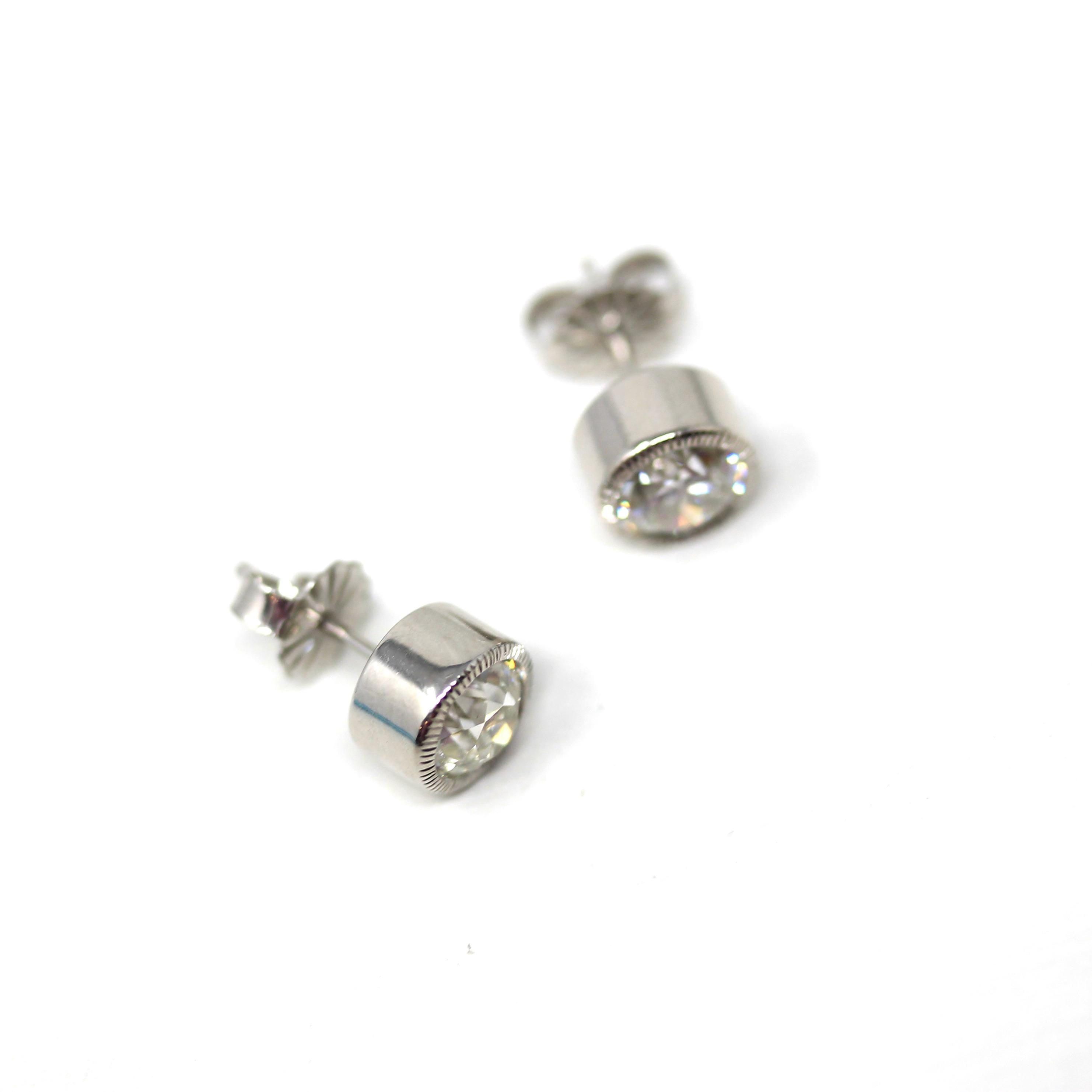 Antique Diamond Earrings - Custom 14k White Gold 1.54 CTW K/L Color VS1/VS2 Clarity Natural Old European Cuts - Bezel Stud Fine Gem Jewelry