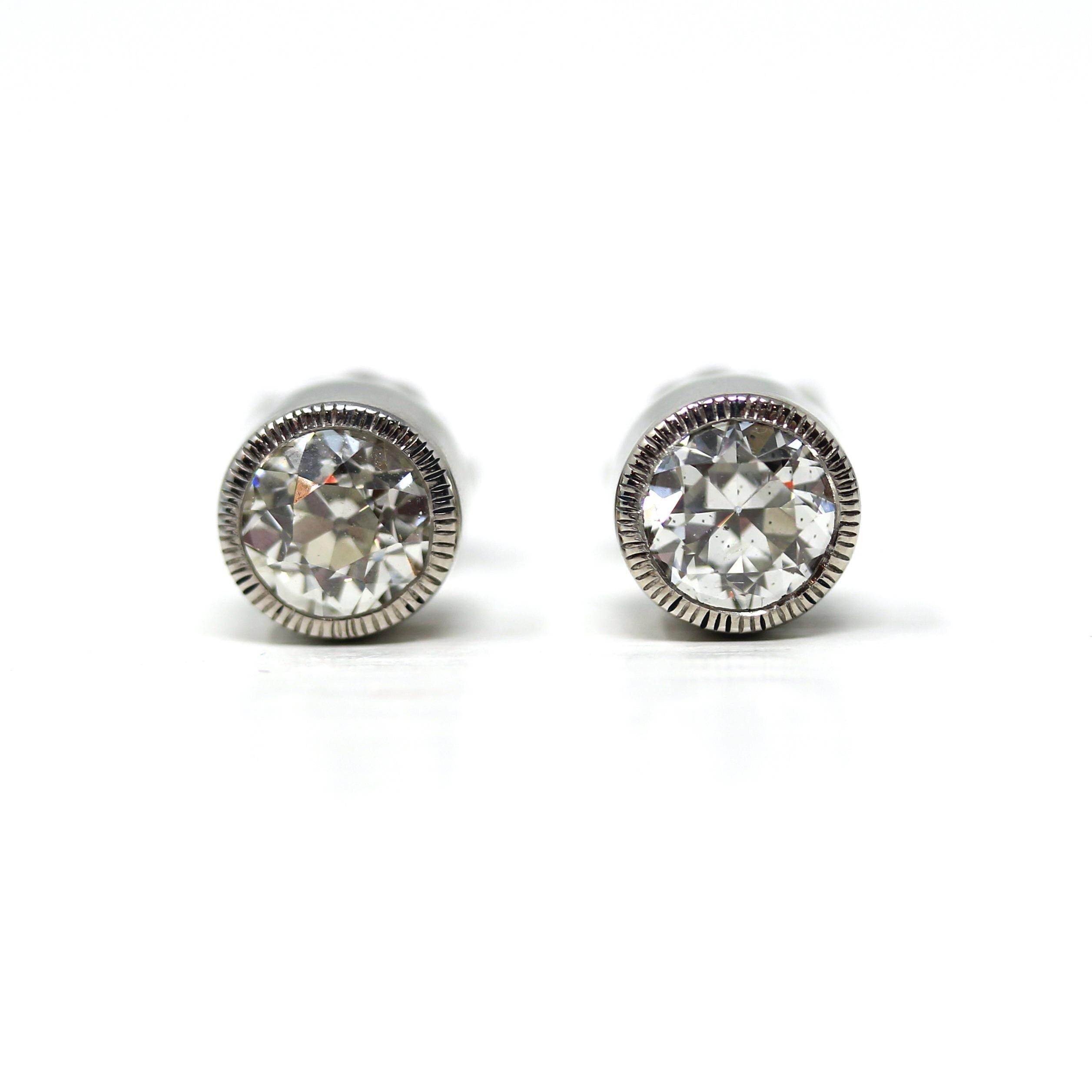 Antique Diamond Earrings - Custom 14k White Gold 1.54 CTW K/L Color VS1/VS2 Clarity Natural Old European Cuts - Bezel Stud Fine Gem Jewelry