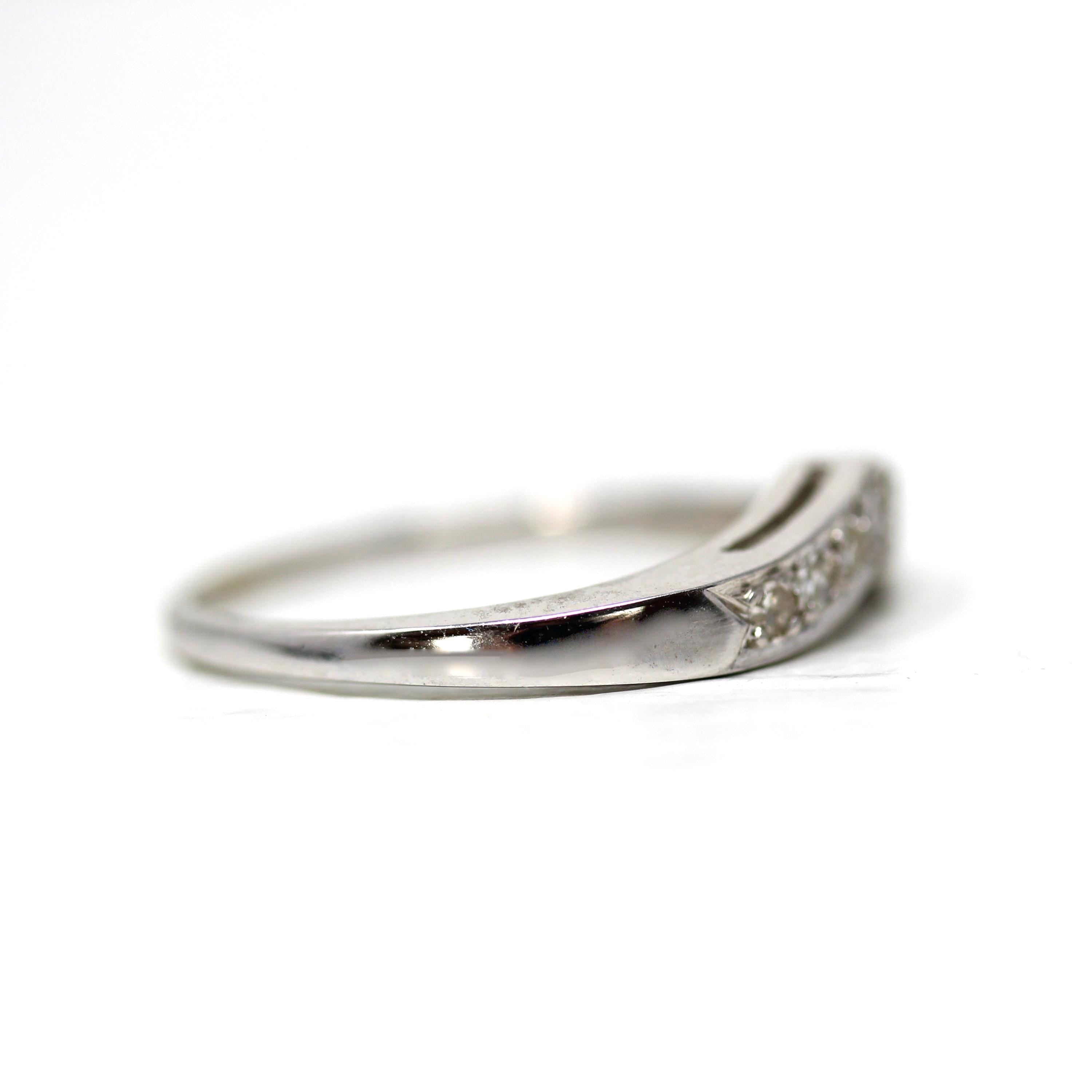 Vintage Wedding Band - Mid Century 14k White Gold 0.12 CTW Six Round Single Cut Diamond Ring - Circa 1950s Size 7 Fine Bridal Jewelry