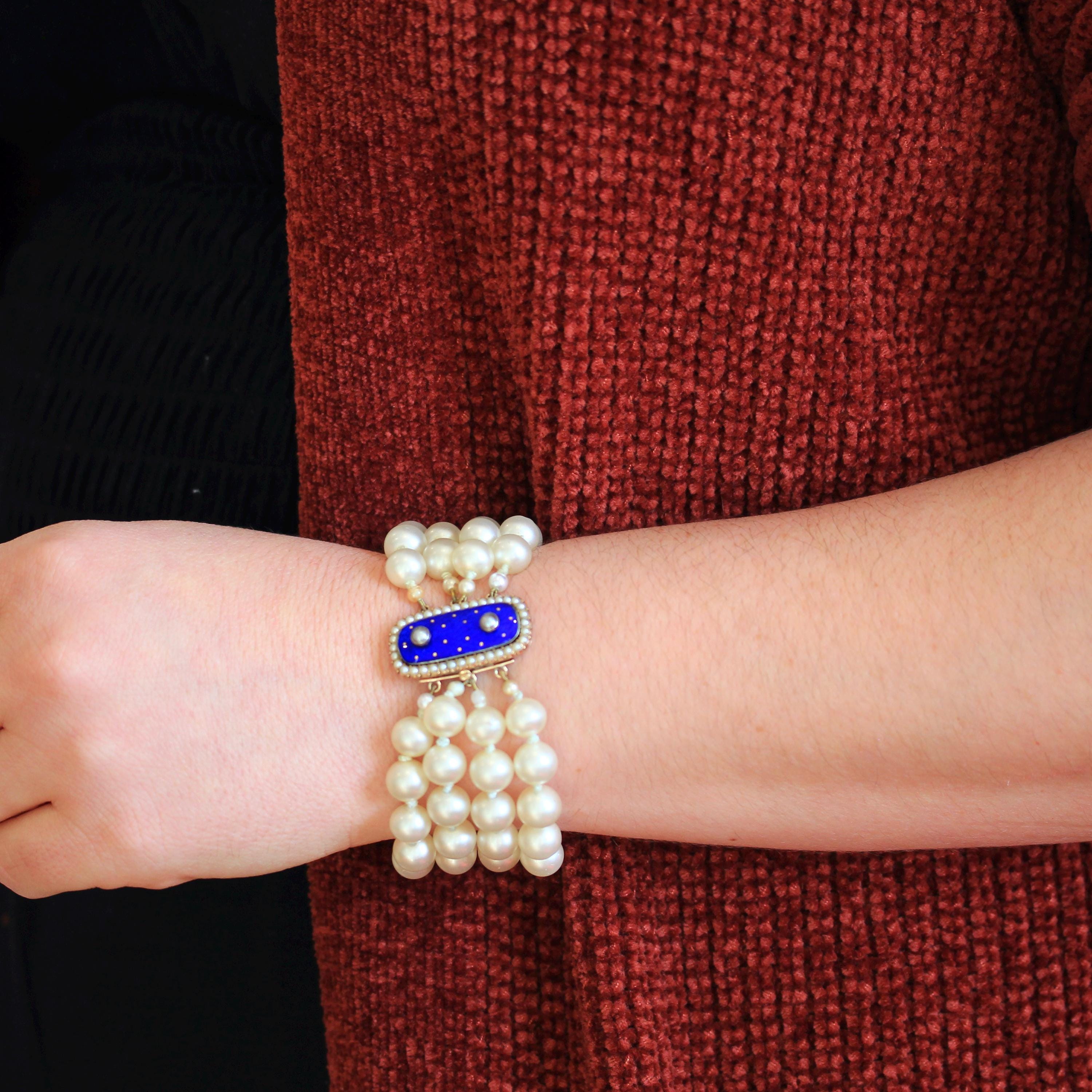 Antique Enamel Bracelet - Victorian Era 10k Rosy Yellow Gold Royal Blue Guilloché Enamel Clasp - Simulated Pearl Fine Celestial Jewelry