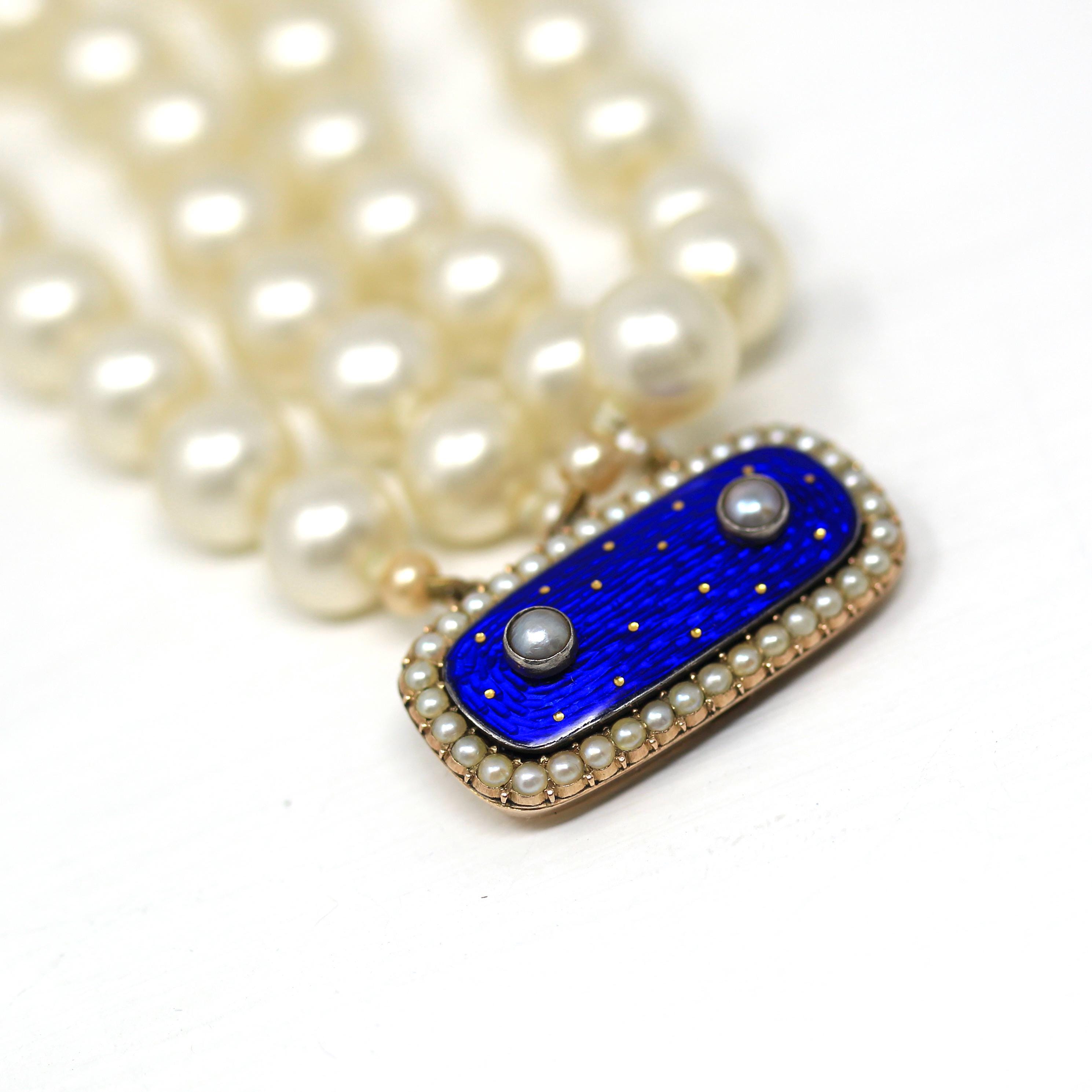 Antique Enamel Bracelet - Victorian Era 10k Rosy Yellow Gold Royal Blue Guilloché Enamel Clasp - Simulated Pearl Fine Celestial Jewelry