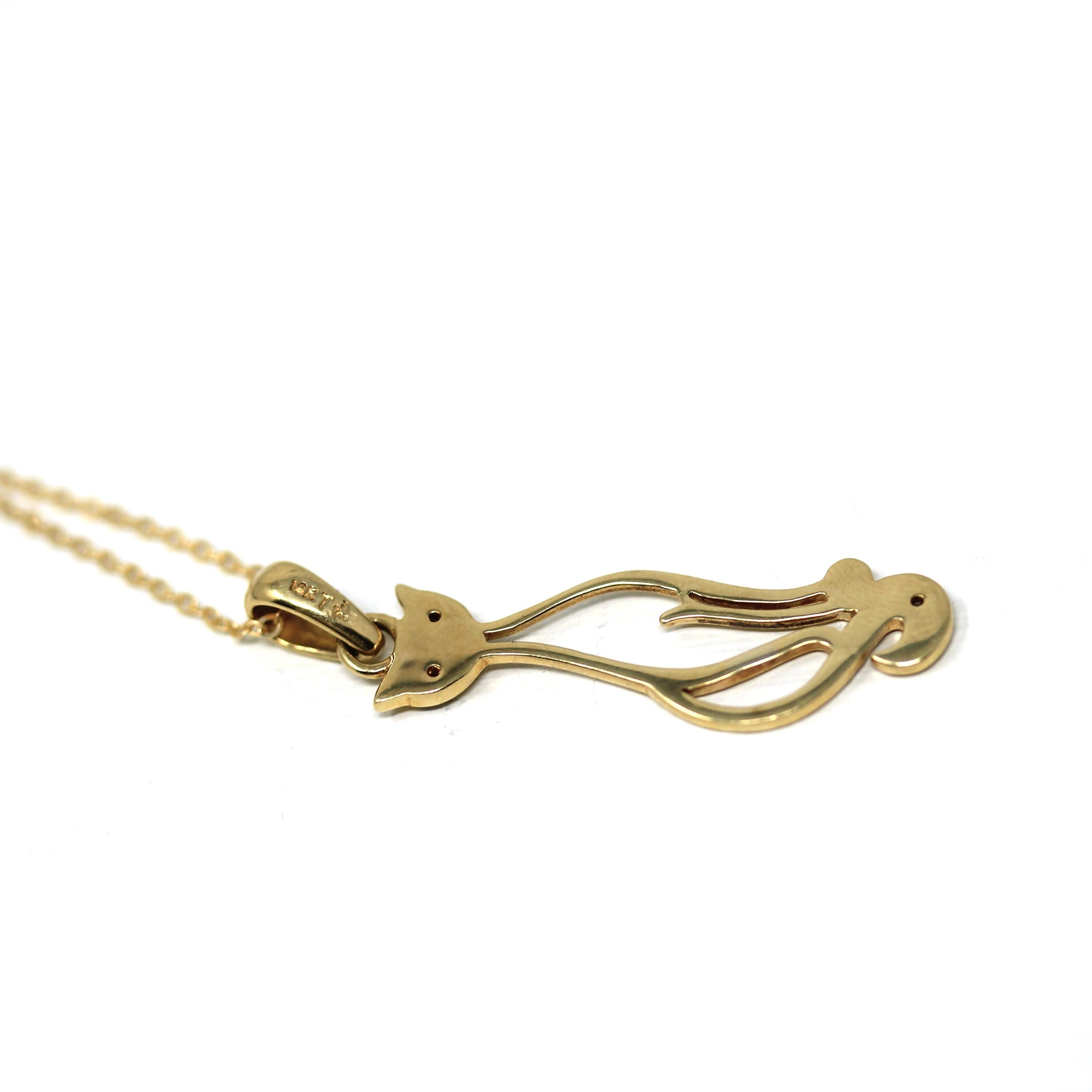 Modern Cat Pendant - Estate 10k Yellow Gold Natural Diamond Studded Charm Necklace - Circa 2000s Animal Feline Kitty Feminine Fine Jewelry