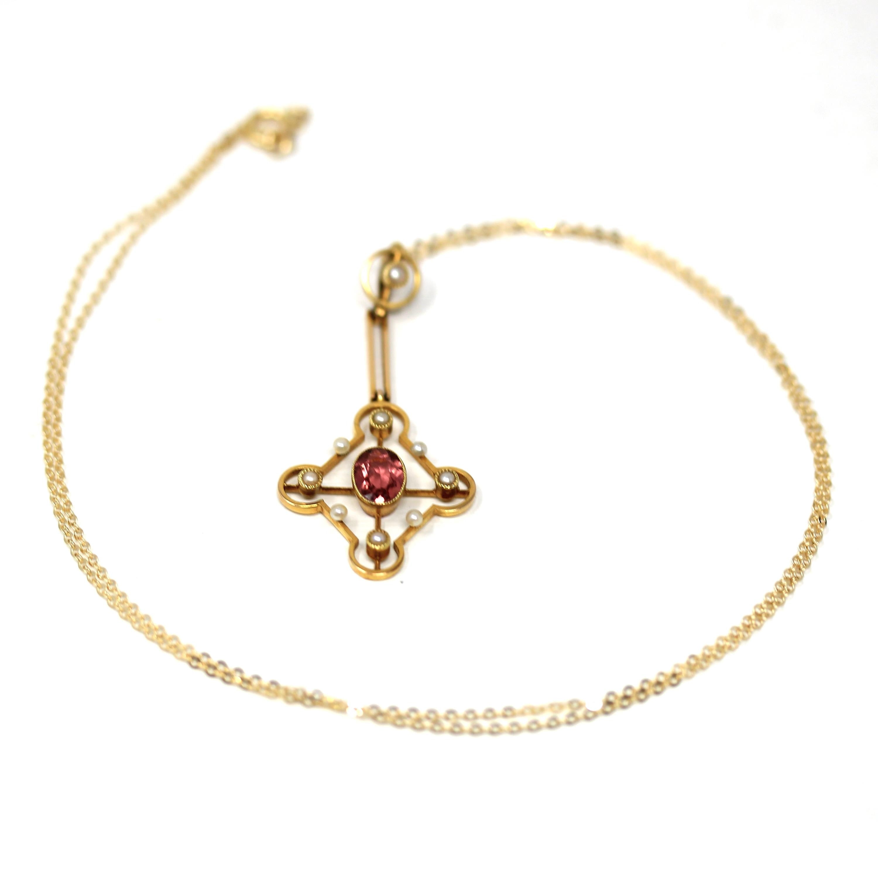 Antique Lavalier Necklace - Edwardian 15k Yellow Gold .70 CT Natural Oval Pink Tourmaline Gem Pendant - Circa 1910s Seed Pearl Fine Jewelry