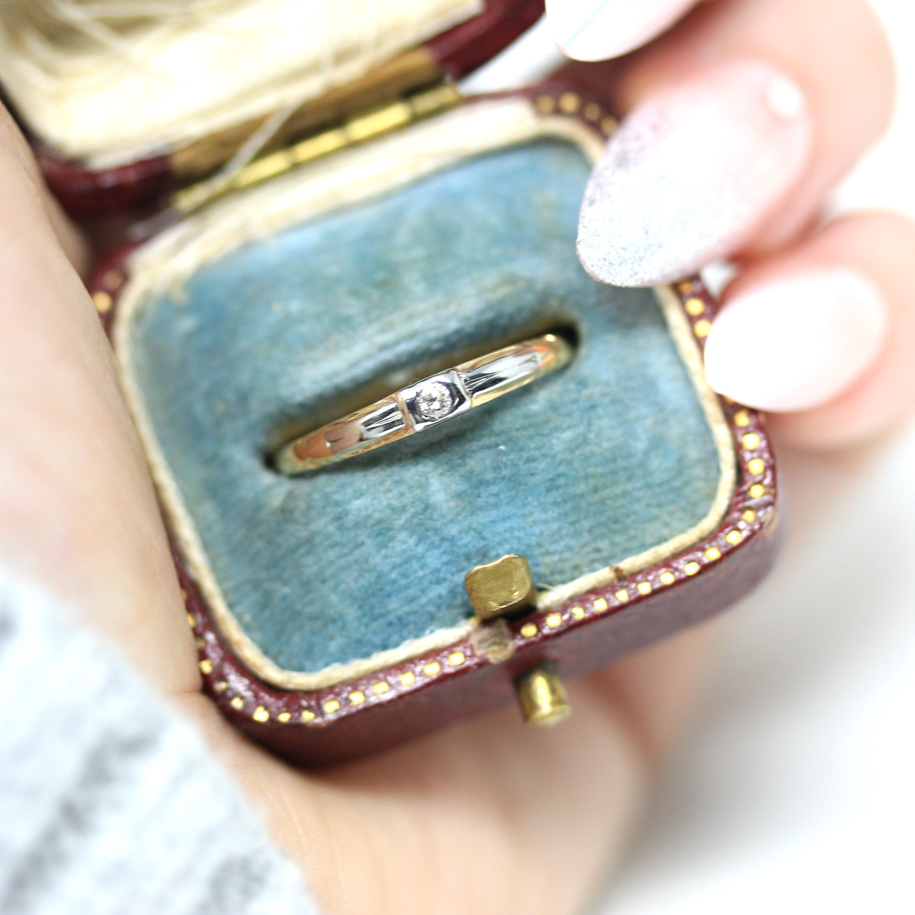 Vintage Wedding Band - Mid Century 14k Yellow & 18k White Gold Genuine Diamond Ring - Dated 1941 Size 5 1/2 Two Tone Fine Bridal 40s Jewelry