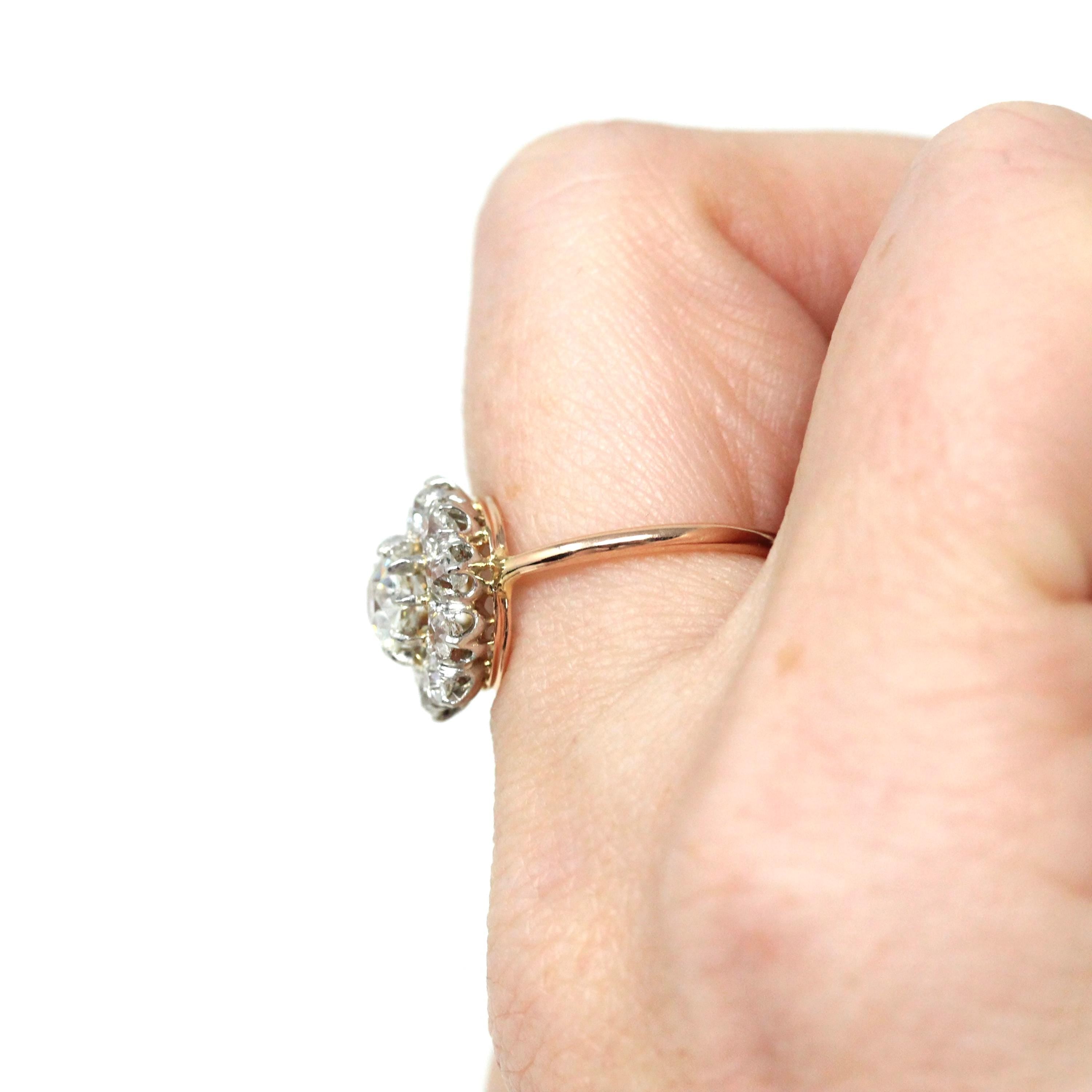 Antique Diamond Halo Ring - Edwardian 18k Yellow Gold Platinum 1.27 CTW Natural Gems Cluster Engagement - Vintage 1900s Fine Report Jewelry