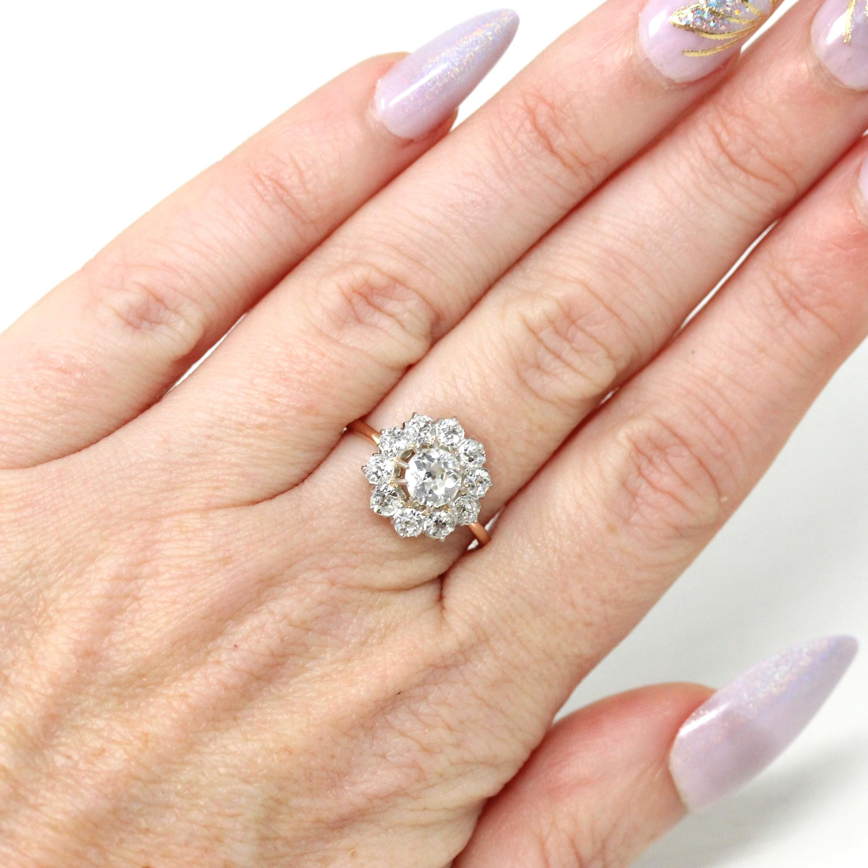 Antique Diamond Halo Ring - Edwardian 18k Yellow Gold Platinum 1.27 CTW Natural Gems Cluster Engagement - Vintage 1900s Fine Report Jewelry