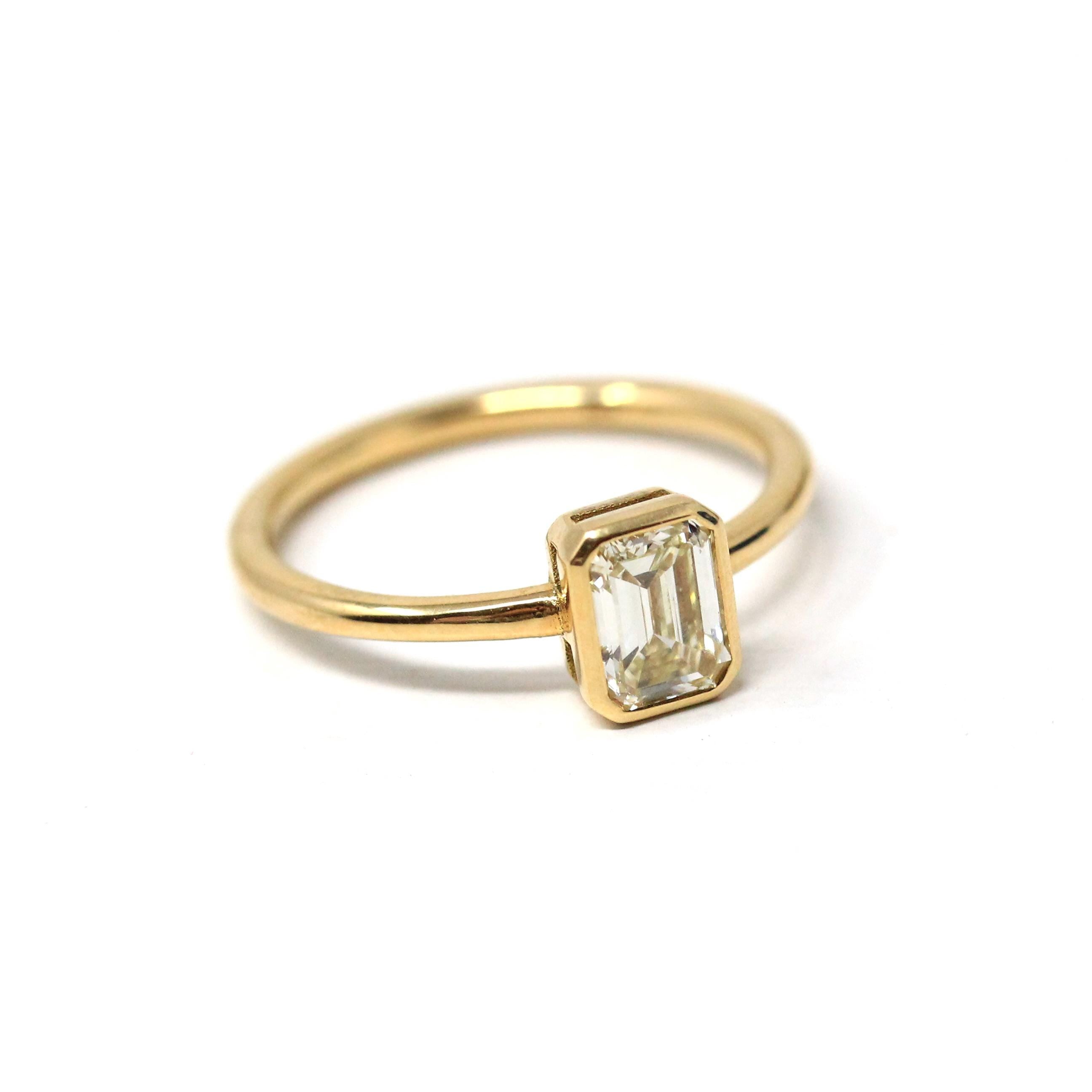 0.87 ct Emerald Cut Diamond Engagement Ring - 18k Yellow Gold Bezel Set Vintage Recycled Gem - Size 6 1/4 Fine Bridal Classic Fine Jewelry