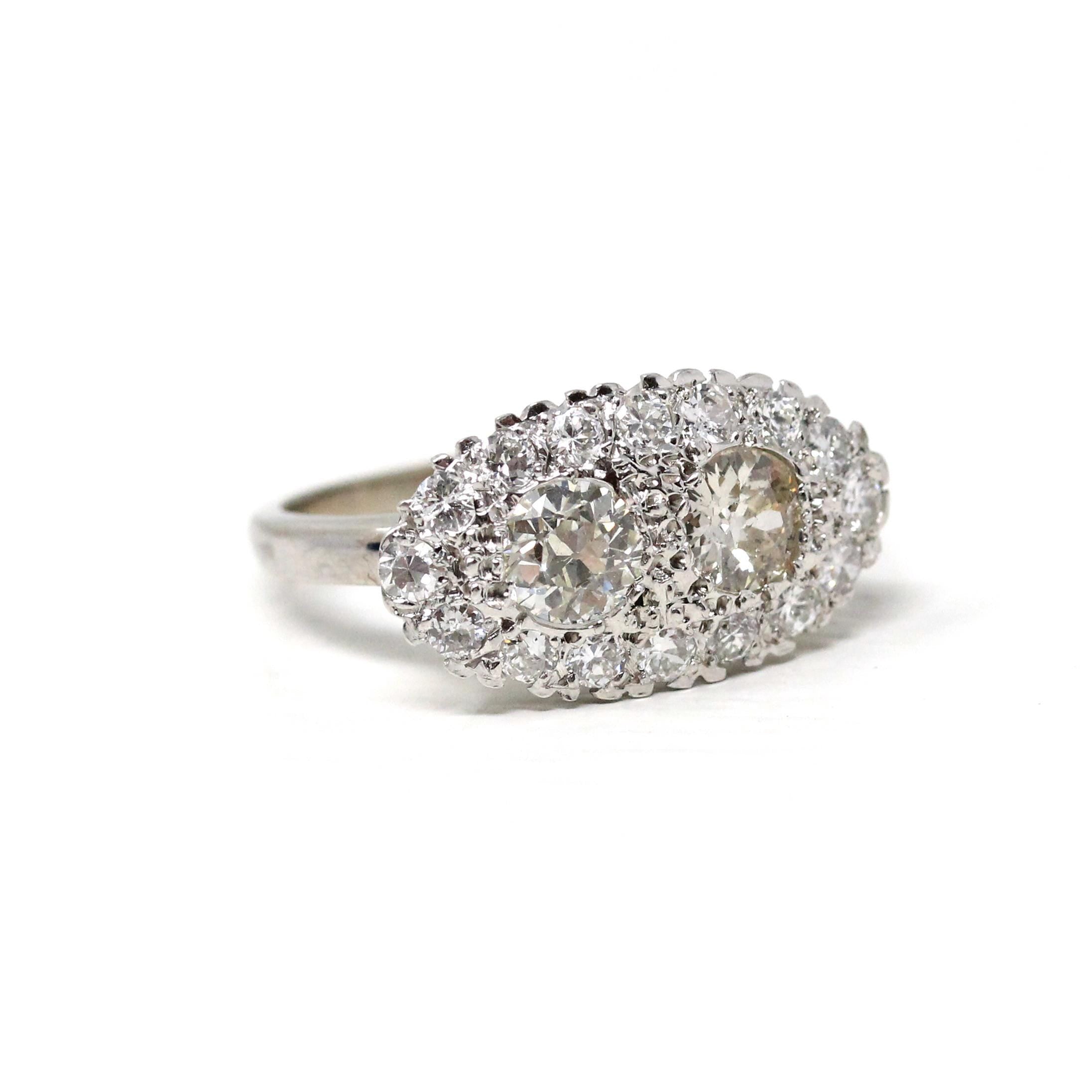 Mid Century Cluster Ring - Vintage 14k White Gold Natural Diamond Gemstone Band - Circa 1950s Size 7 3/4 Princess Anniversary Fine Jewelry