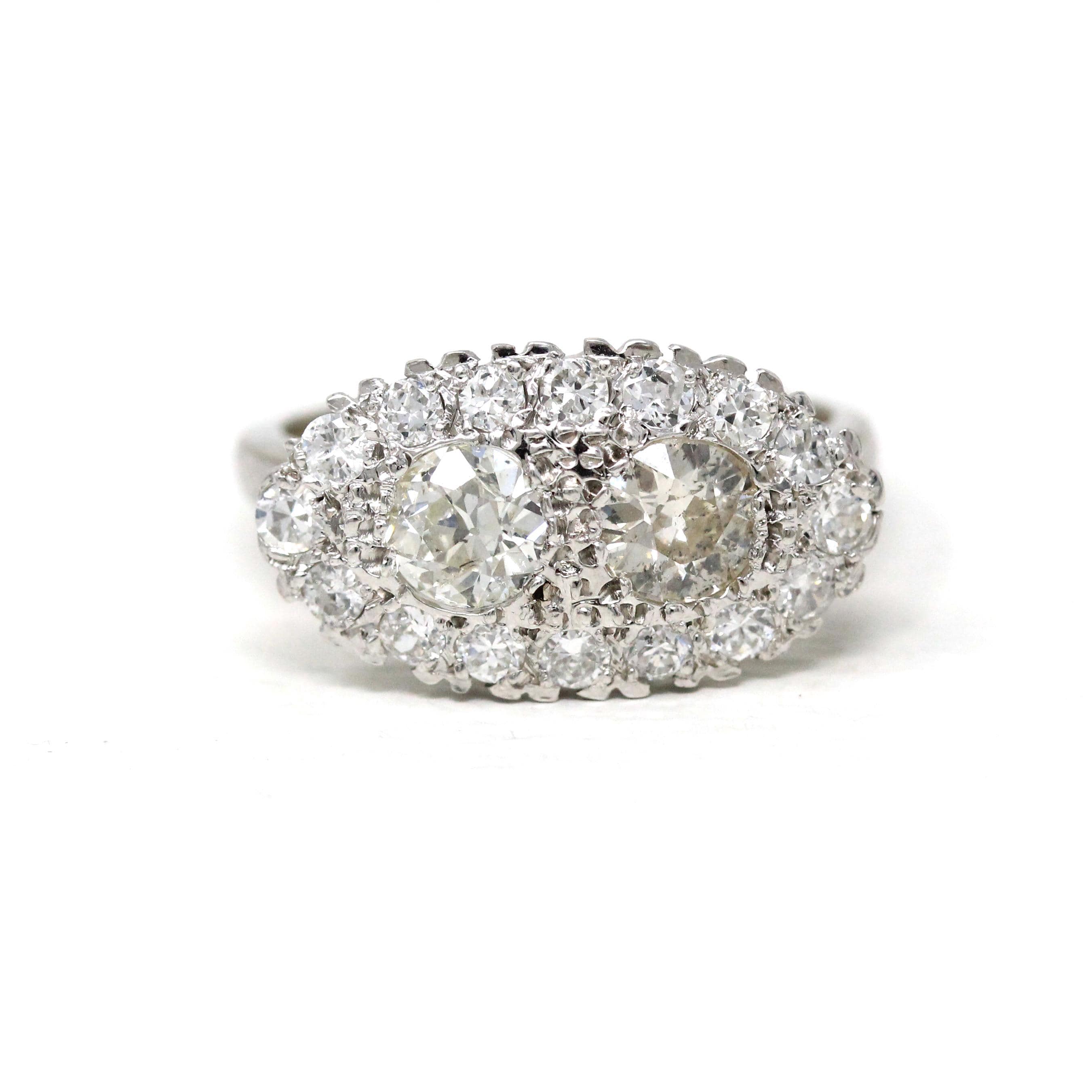 Mid Century Cluster Ring - Vintage 14k White Gold Natural Diamond Gemstone Band - Circa 1950s Size 7 3/4 Princess Anniversary Fine Jewelry