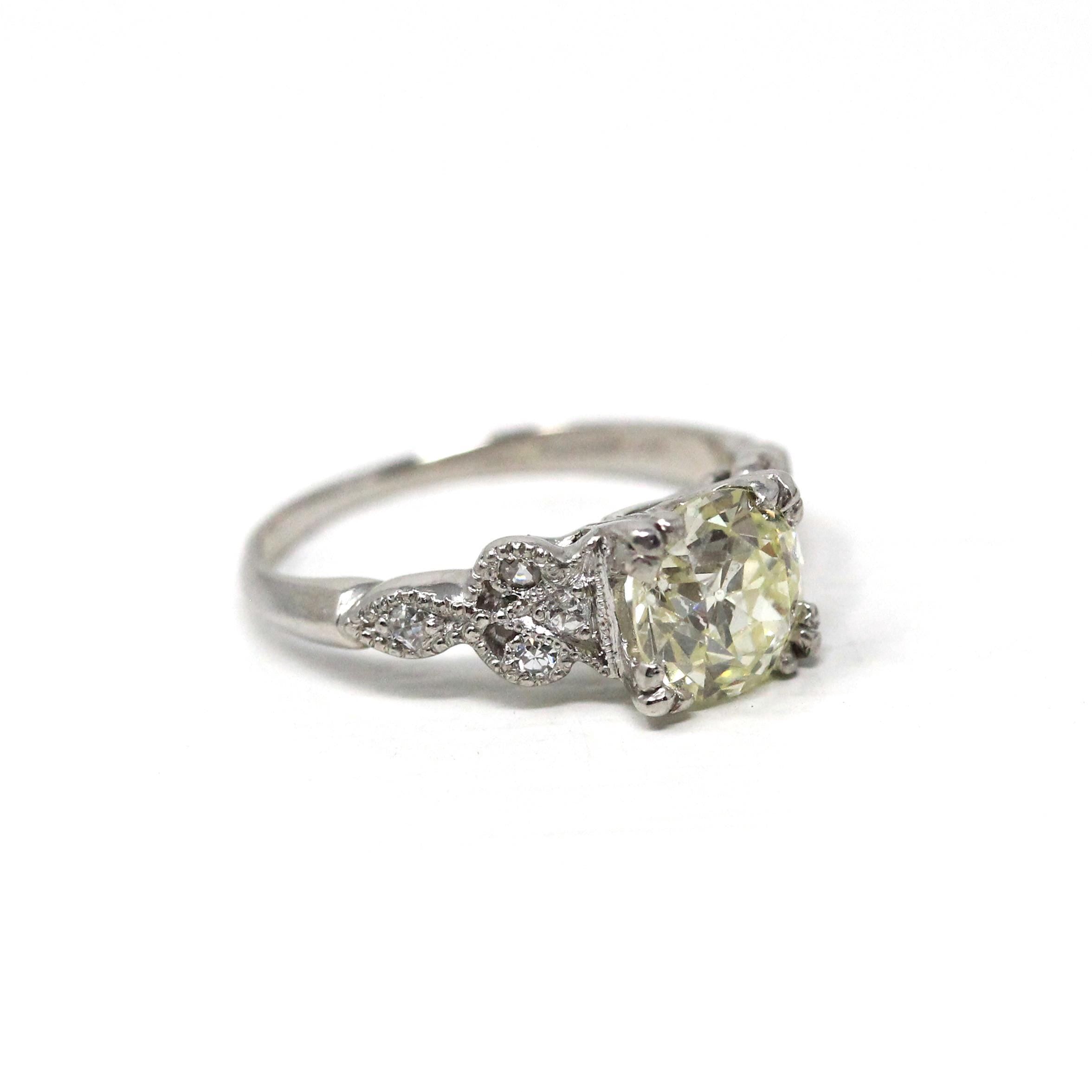 Vintage Engagement Ring - Platinum Retro Era 1.45 CTW Natural Diamonds - Circa 1950s Era Size 4.75 Fine Filigree Qualitative Report Jewelry