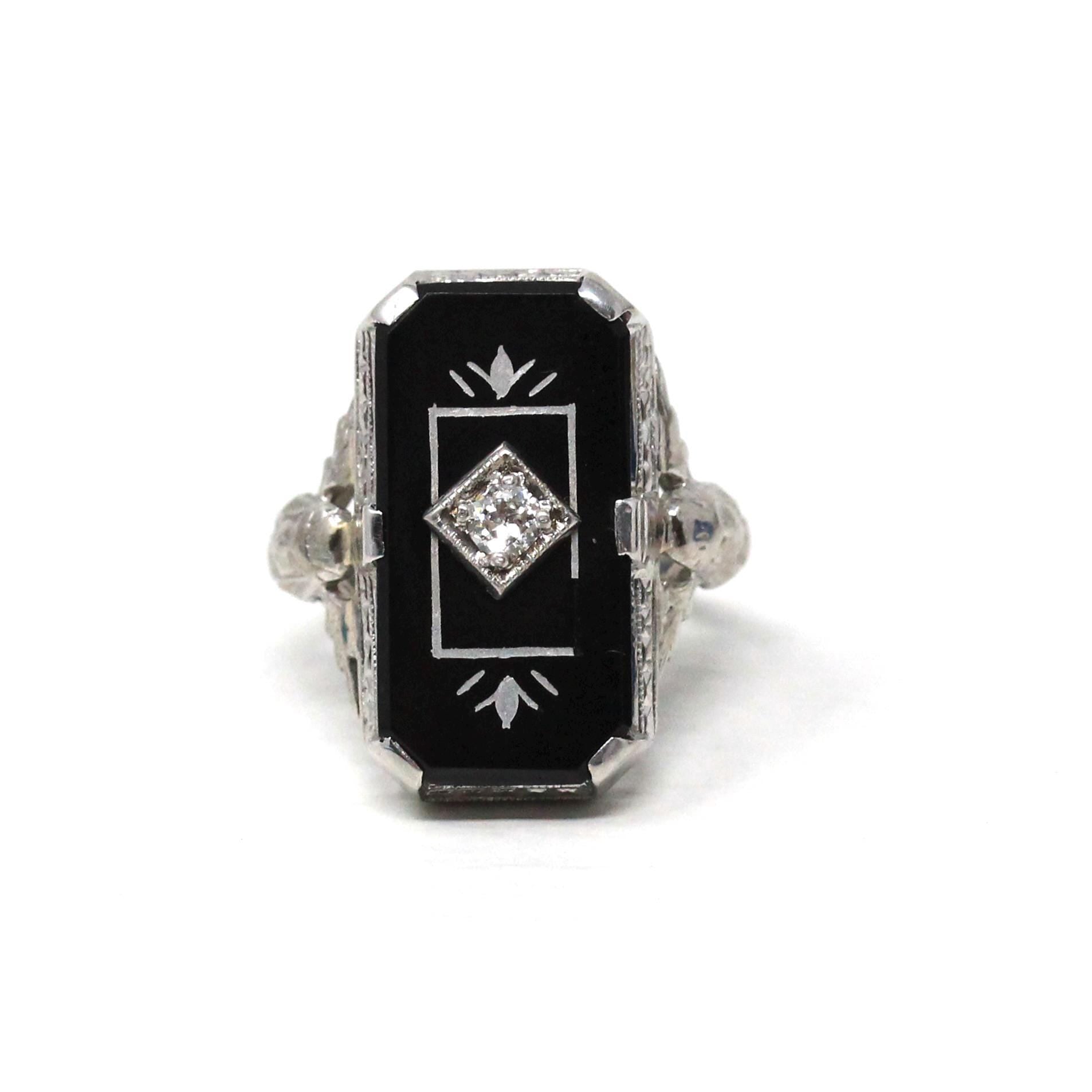 Vintage Onyx Ring - Art Deco 18k White Gold Natural Black Chalcedony Diamond Statement - Circa 1930s Size 5 Pharaoh Filigree Fine Jewelry
