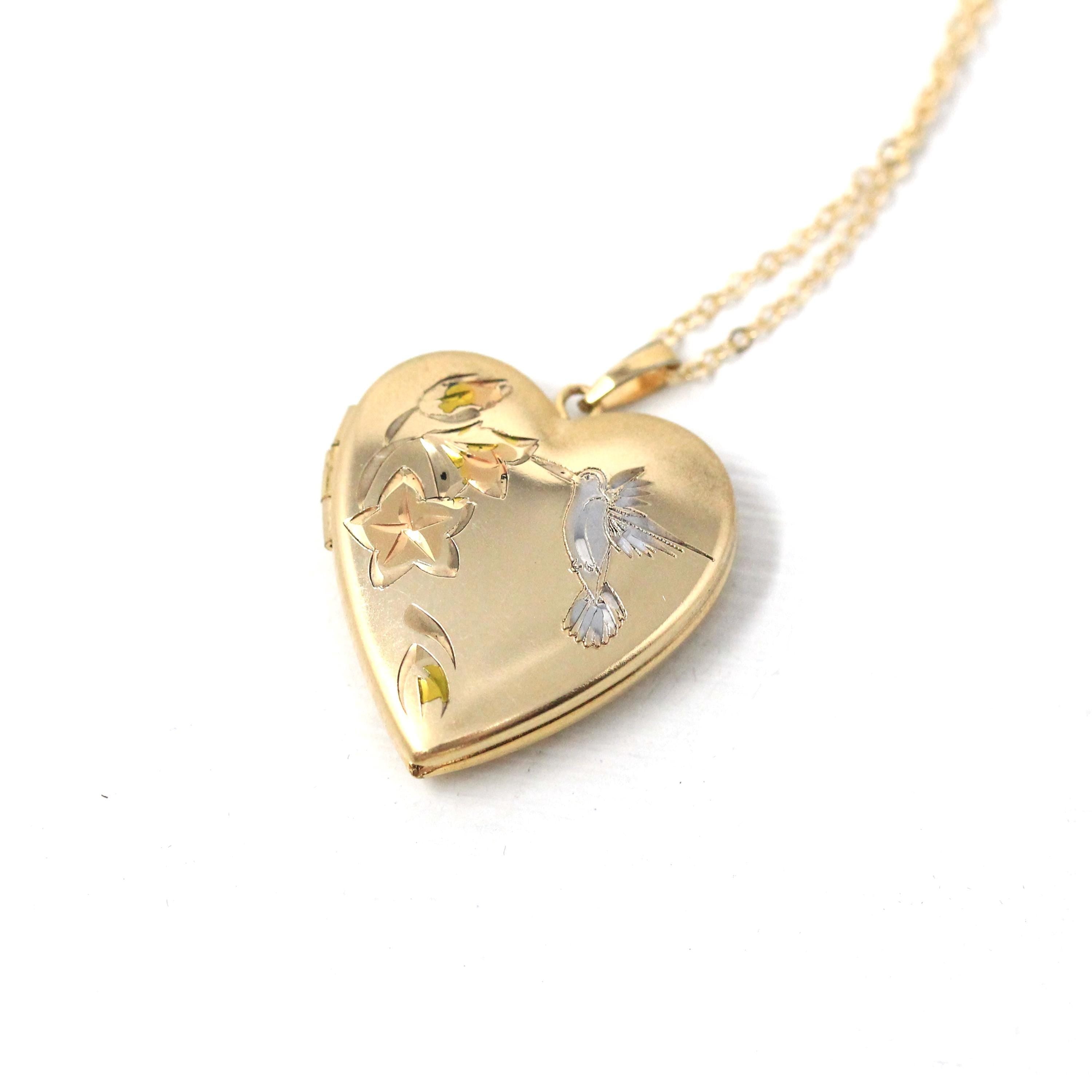 Hummingbird Heart Locket - Modern 14k Gold Filled Tri Color Flowers Bird Necklace Pendant - Circa 2000's Era Photograph Keepsake Jewelry