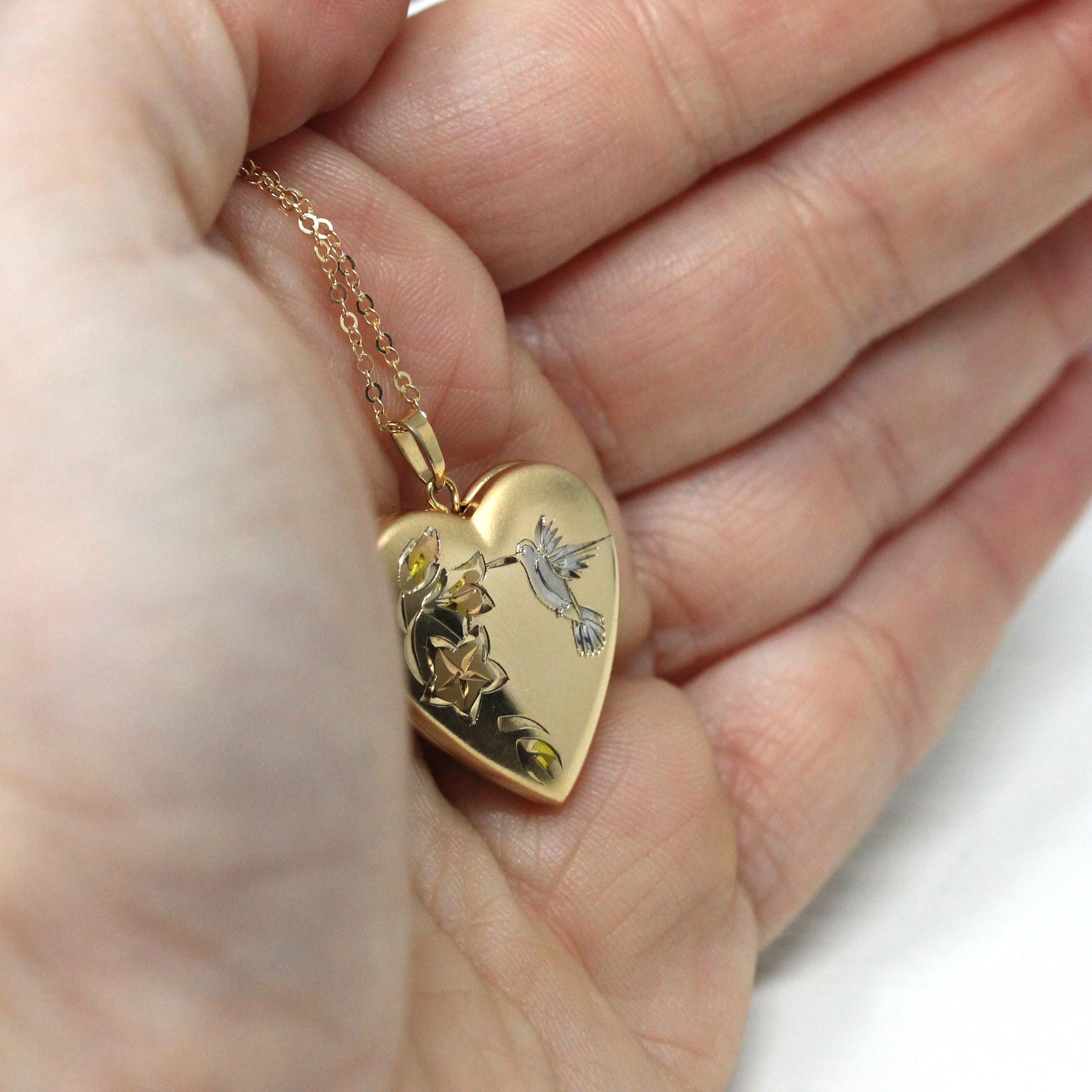 Hummingbird Heart Locket - Modern 14k Gold Filled Tri Color Flowers Bird Necklace Pendant - Circa 2000's Era Photograph Keepsake Jewelry