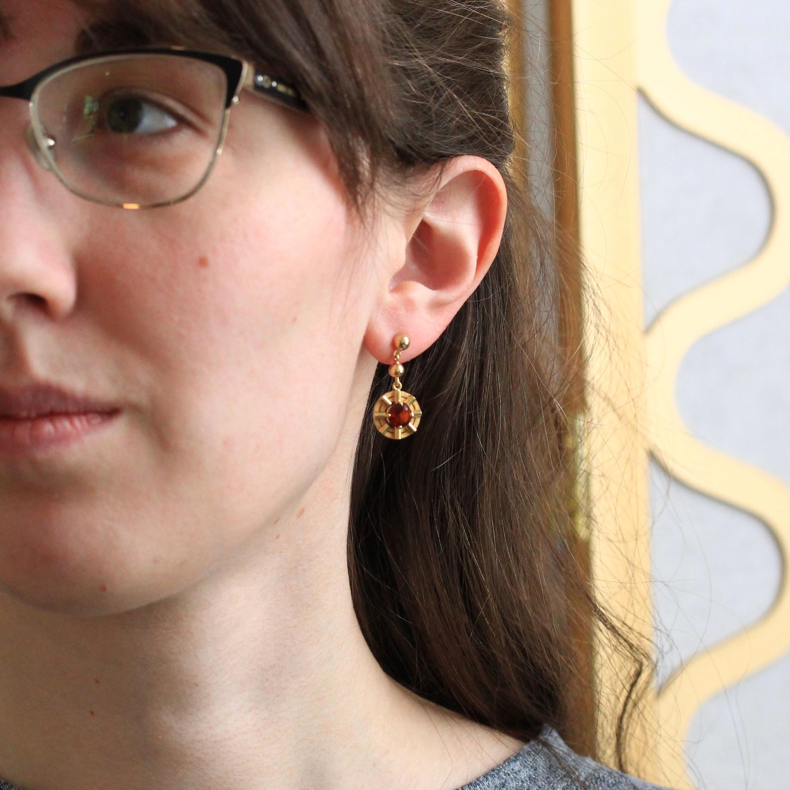 Retro Citrine Earrings - Vintage 22k Yellow Gold Pierced Push Back Dangle Dark Orange .67 CT Gems - Circa 1970s Era Fine Statement Jewelry