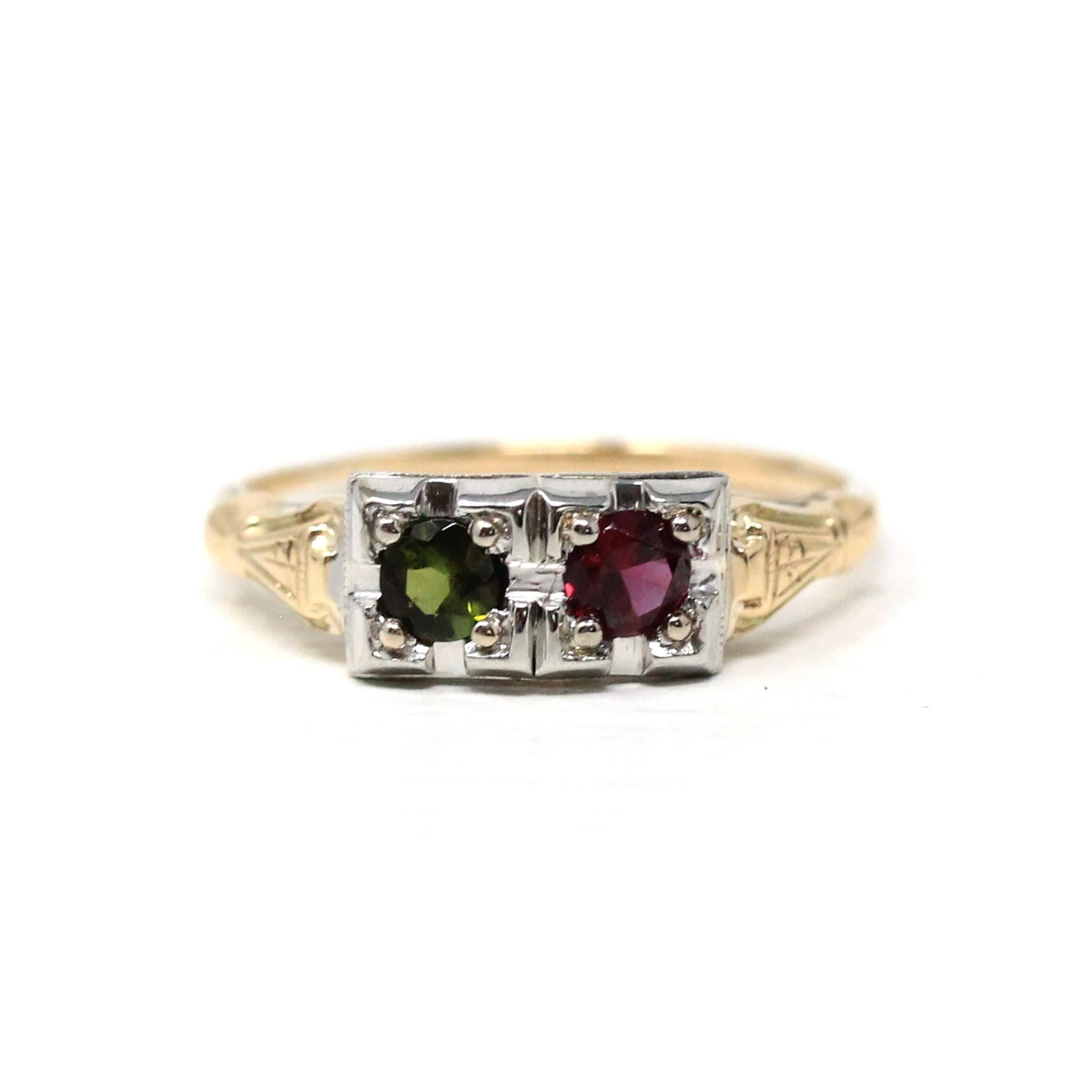 Garnet & Tourmaline Ring - Retro Era 14k Yellow and White Gold Natural Red Green Gemstones - Vintage 1940s Size 6 1/4 Fine Two Tone Jewelry