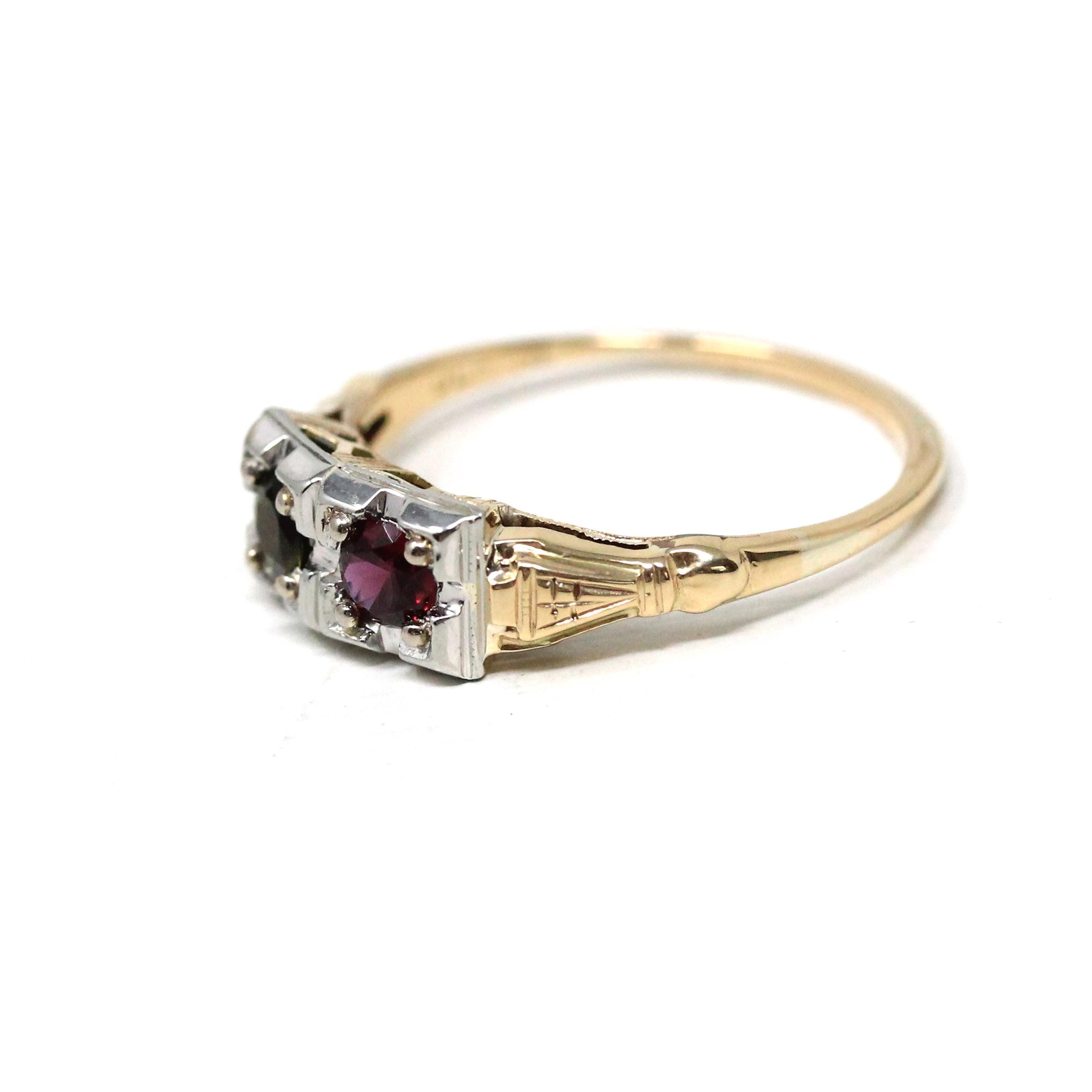 Garnet & Tourmaline Ring - Retro Era 14k Yellow and White Gold Natural Red Green Gemstones - Vintage 1940s Size 6 1/4 Fine Two Tone Jewelry