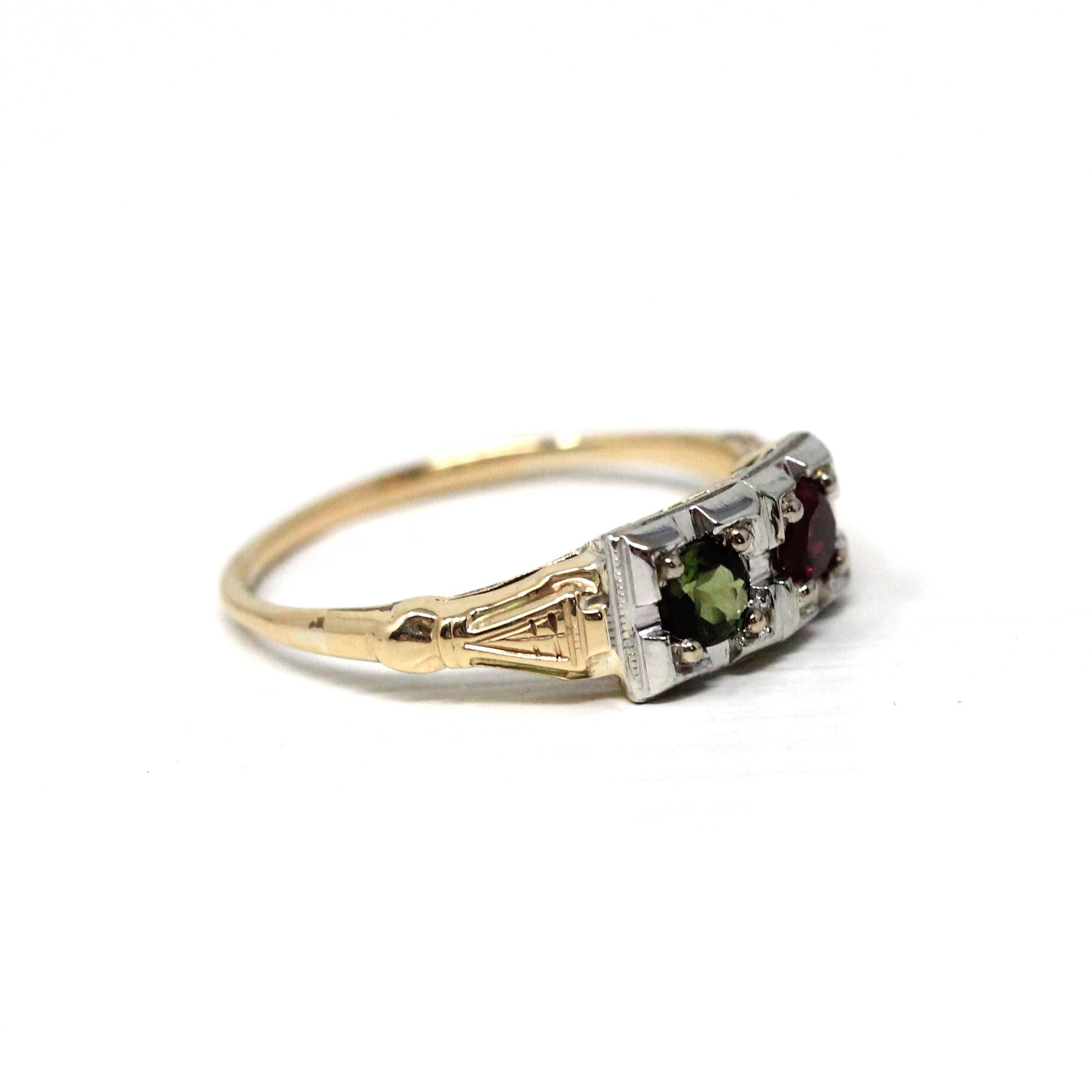 Garnet & Tourmaline Ring - Retro Era 14k Yellow and White Gold Natural Red Green Gemstones - Vintage 1940s Size 6 1/4 Fine Two Tone Jewelry