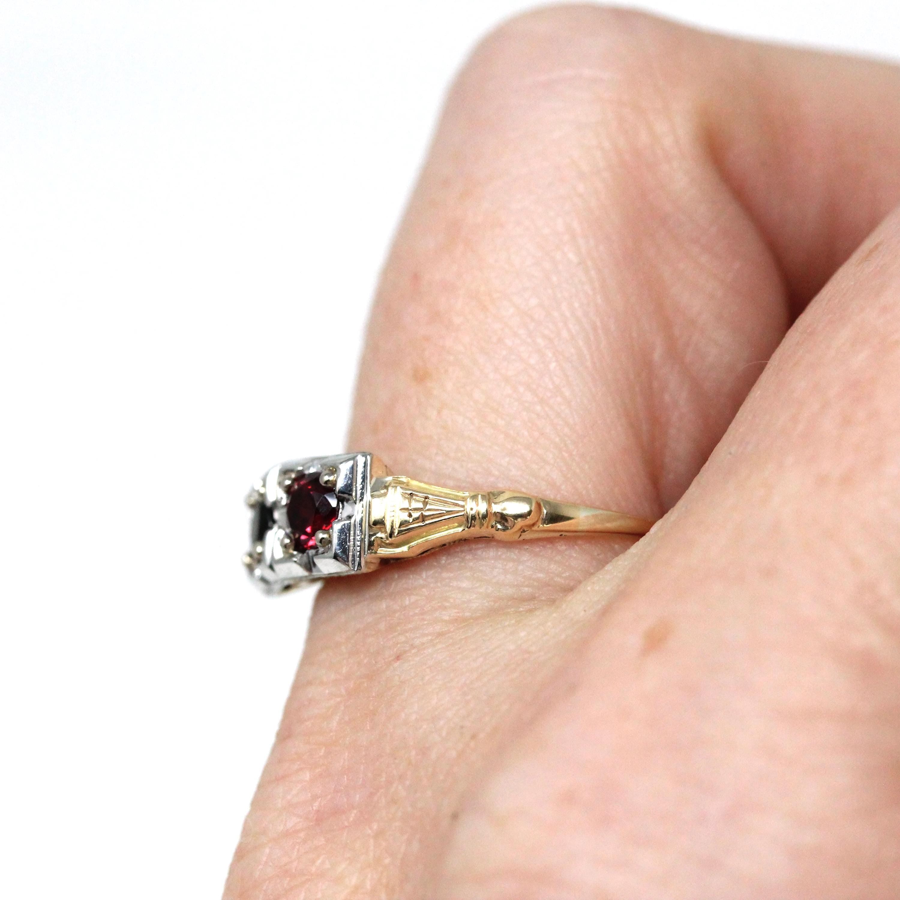 Garnet & Tourmaline Ring - Retro Era 14k Yellow and White Gold Natural Red Green Gemstones - Vintage 1940s Size 6 1/4 Fine Two Tone Jewelry