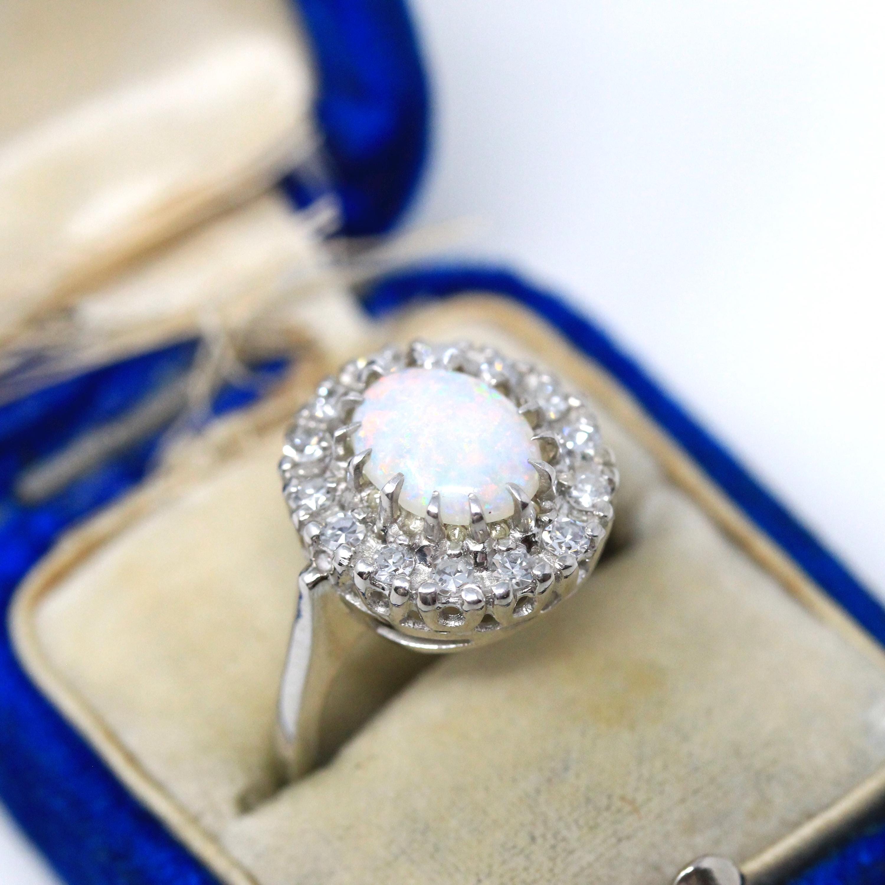 Vintage Opal & Diamond Halo Ring - Mid Century 14k White Gold Natural Gems - Retro Circa 1950s Era Size 6 1/2 Rainbow Cluster Fine Jewelry