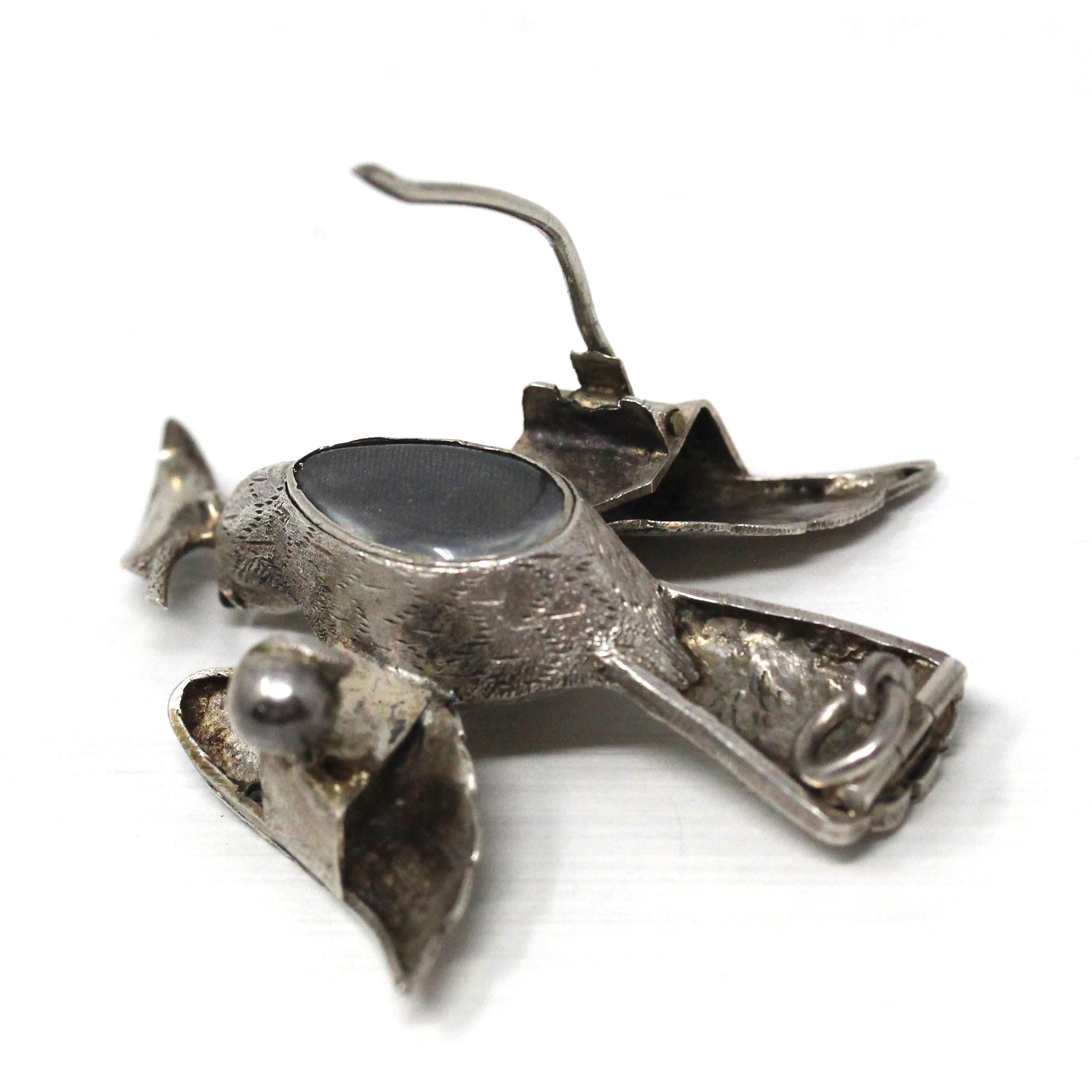 Silver Bird Brooch - Retro Era Handmade Silver & Turquoise Gemstones Avian Pendant - Vintage Circa 1940s Perfume Compartment Fine Jewelry