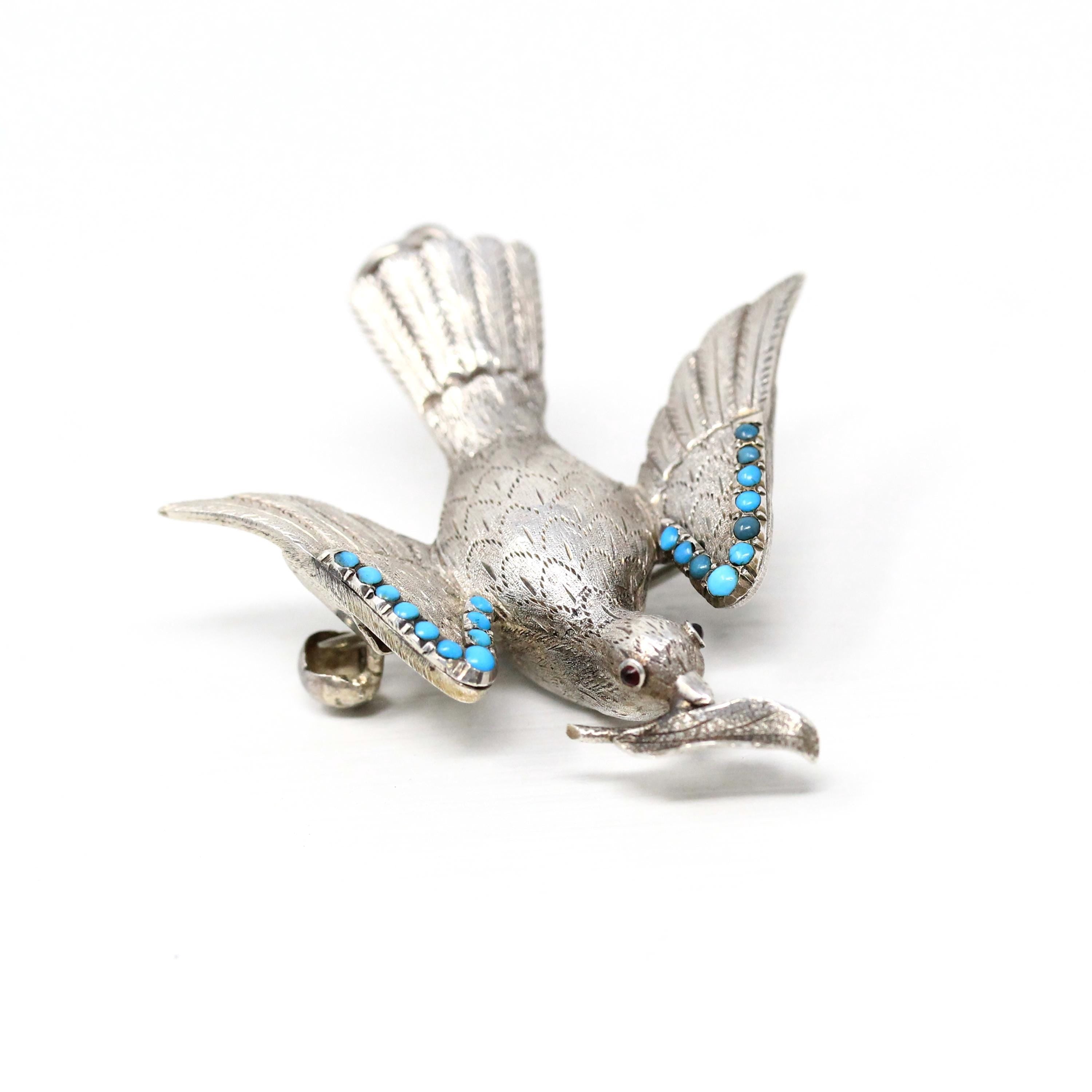 Silver Bird Brooch - Retro Era Handmade Silver & Turquoise Gemstones Avian Pendant - Vintage Circa 1940s Perfume Compartment Fine Jewelry