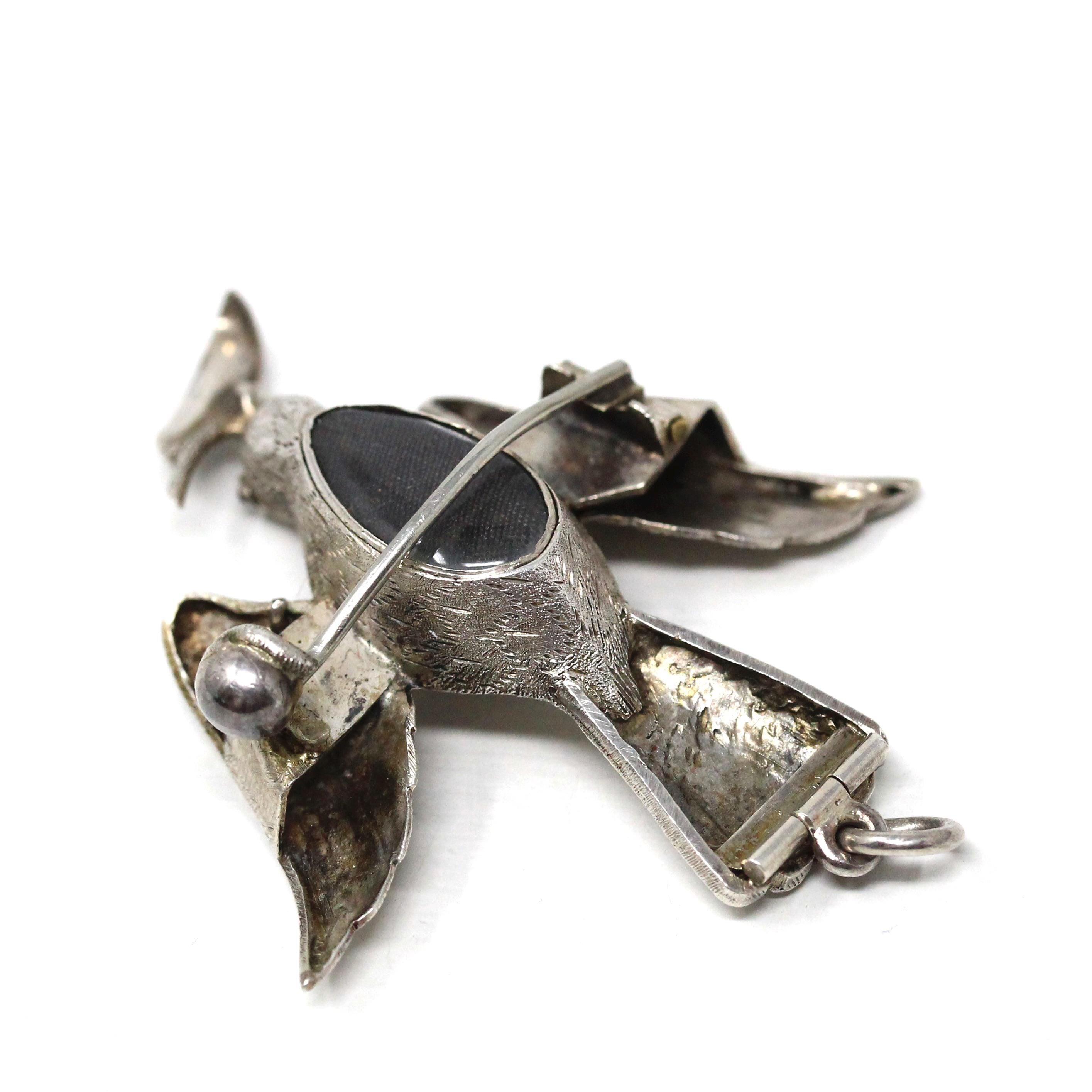 Silver Bird Brooch - Retro Era Handmade Silver & Turquoise Gemstones Avian Pendant - Vintage Circa 1940s Perfume Compartment Fine Jewelry