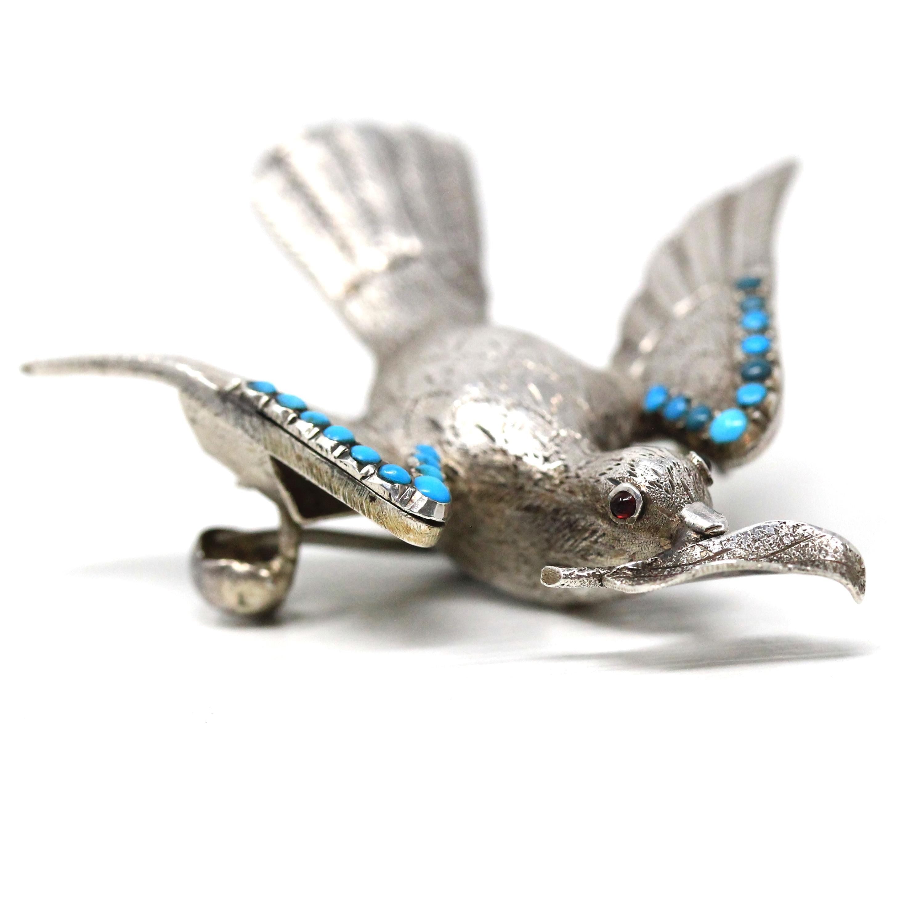 Silver Bird Brooch - Retro Era Handmade Silver & Turquoise Gemstones Avian Pendant - Vintage Circa 1940s Perfume Compartment Fine Jewelry