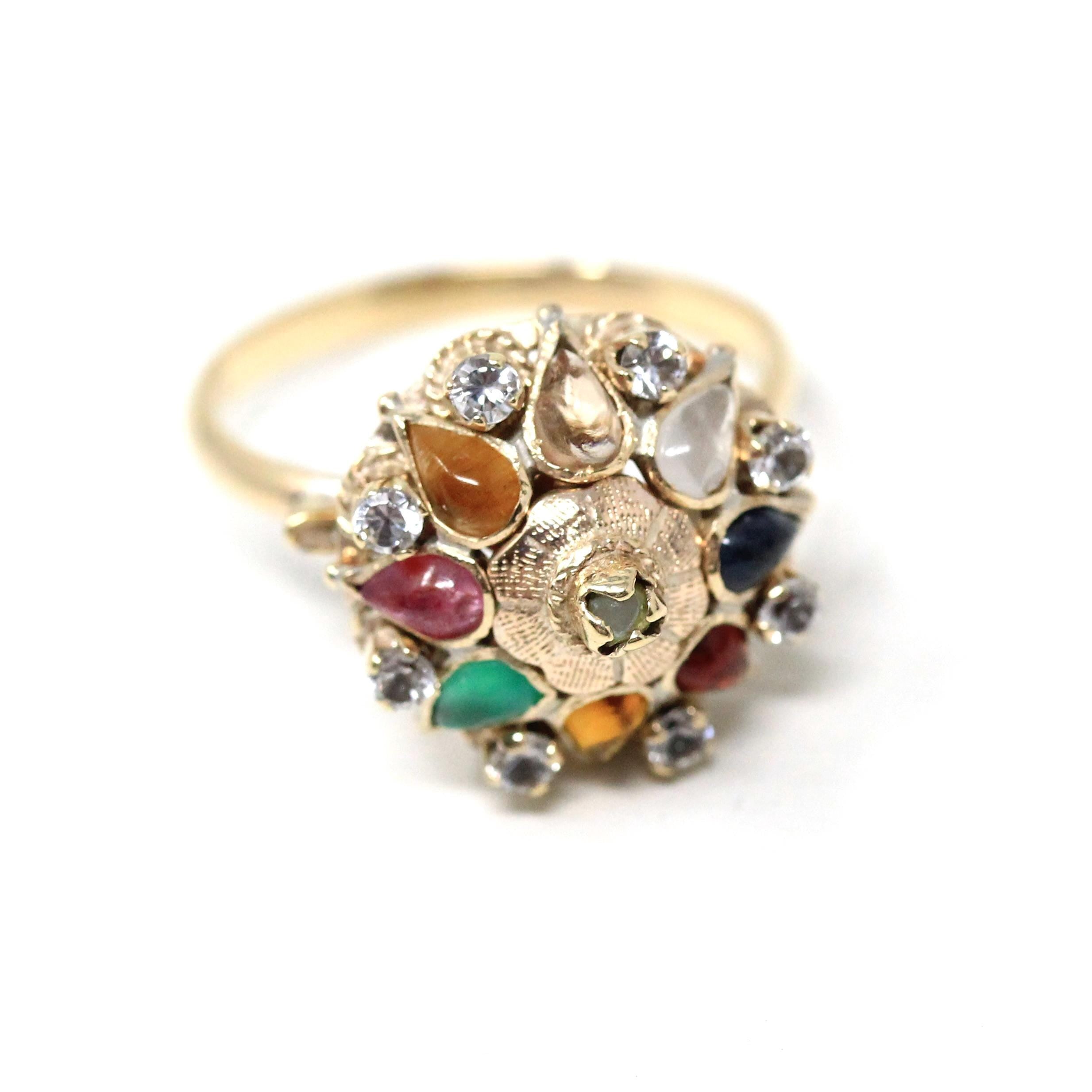 Thai Princess Ring - Retro 10k Yellow Gold Spinel Glass Tiger's Eye Ruby Sapphire Flower Gemstones - Vintage Circa 1960s Size 7 3/4 Jewelry