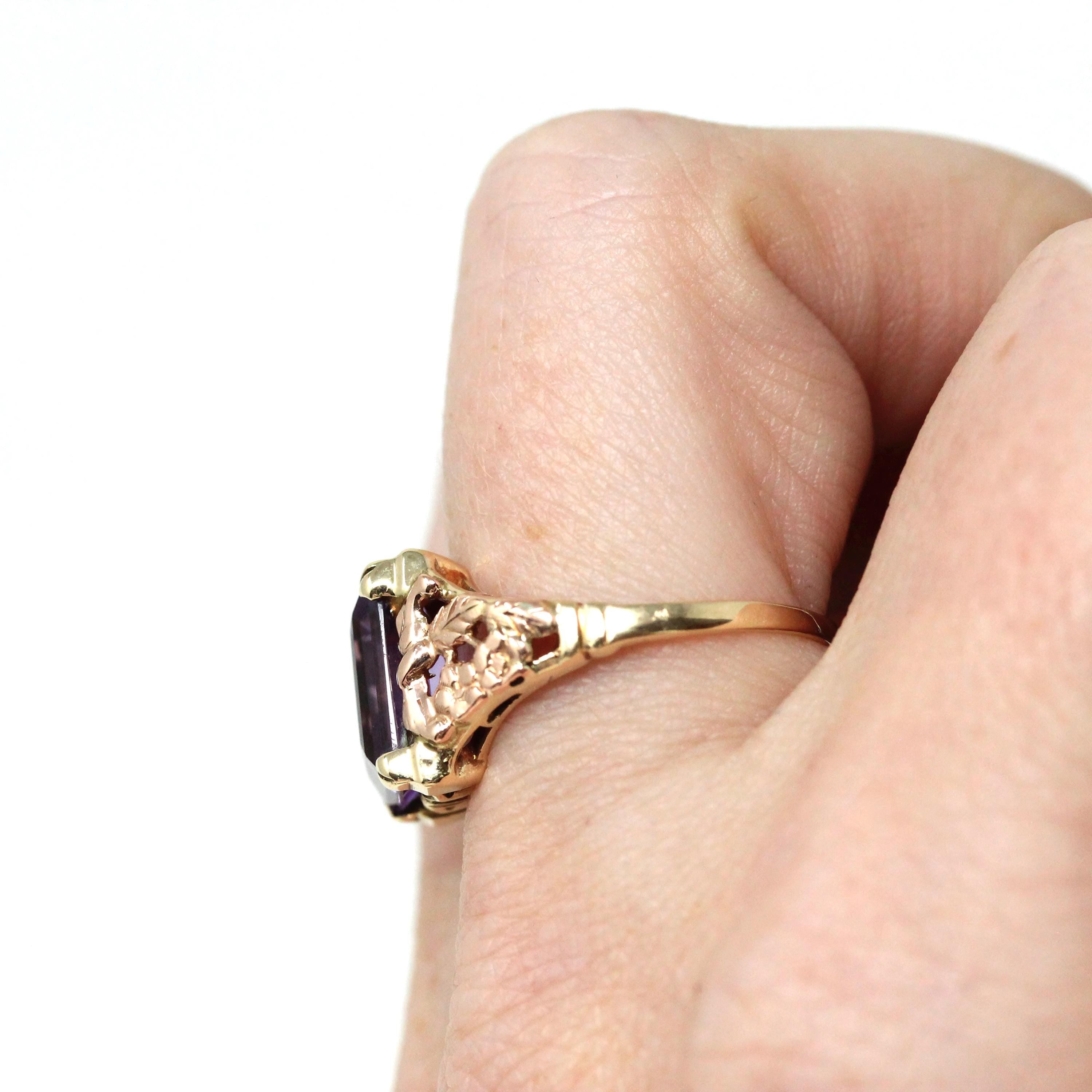 Vintage Amethyst Ring - Retro 10k Yellow & Rose Gold Natural Purple Faceted Gemstone - Circa 1940s Era Size 7 1/2 Two Tone Fine 40s Jewelry